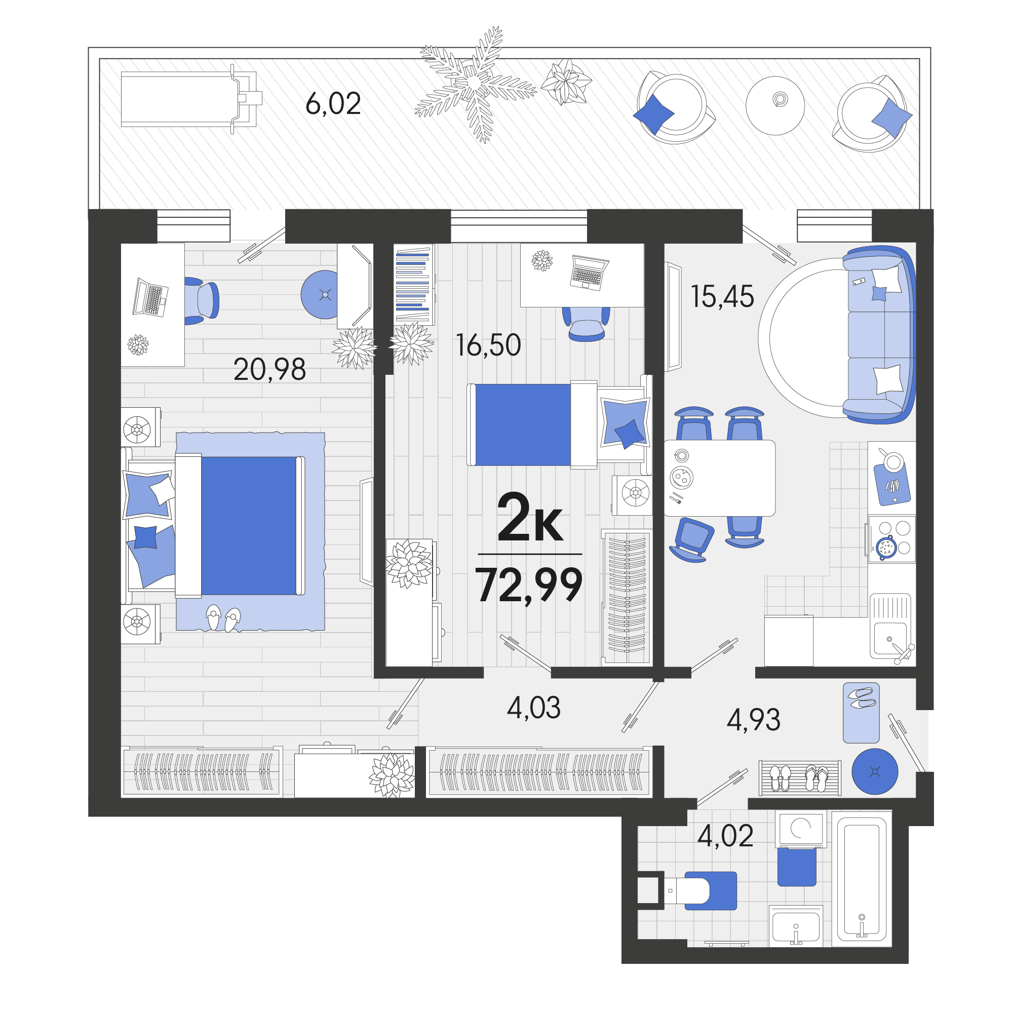 2 комн. квартира, 72.9 м², 1 этаж 