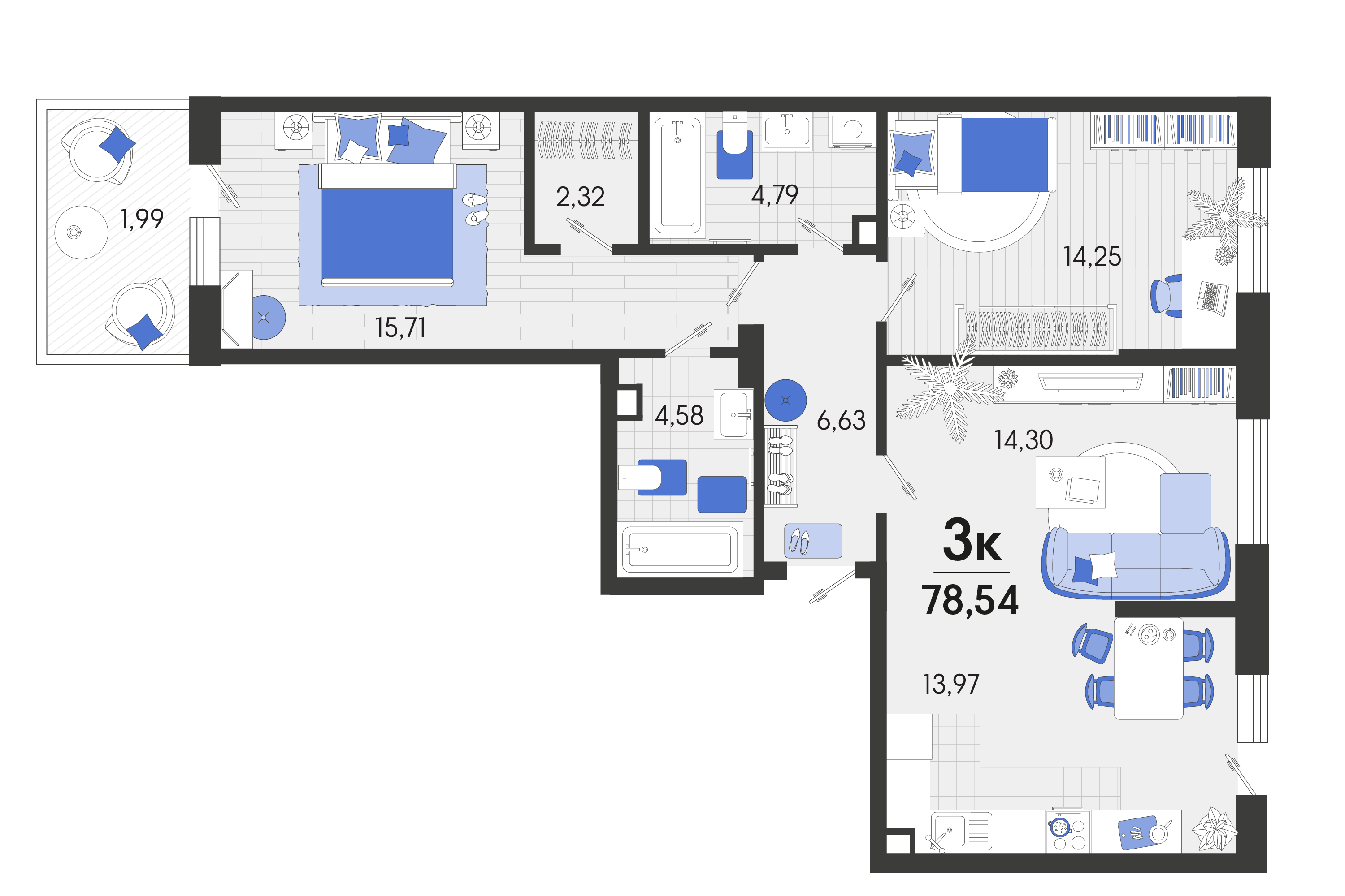 3 комн. квартира, 78.2 м², 1 этаж 