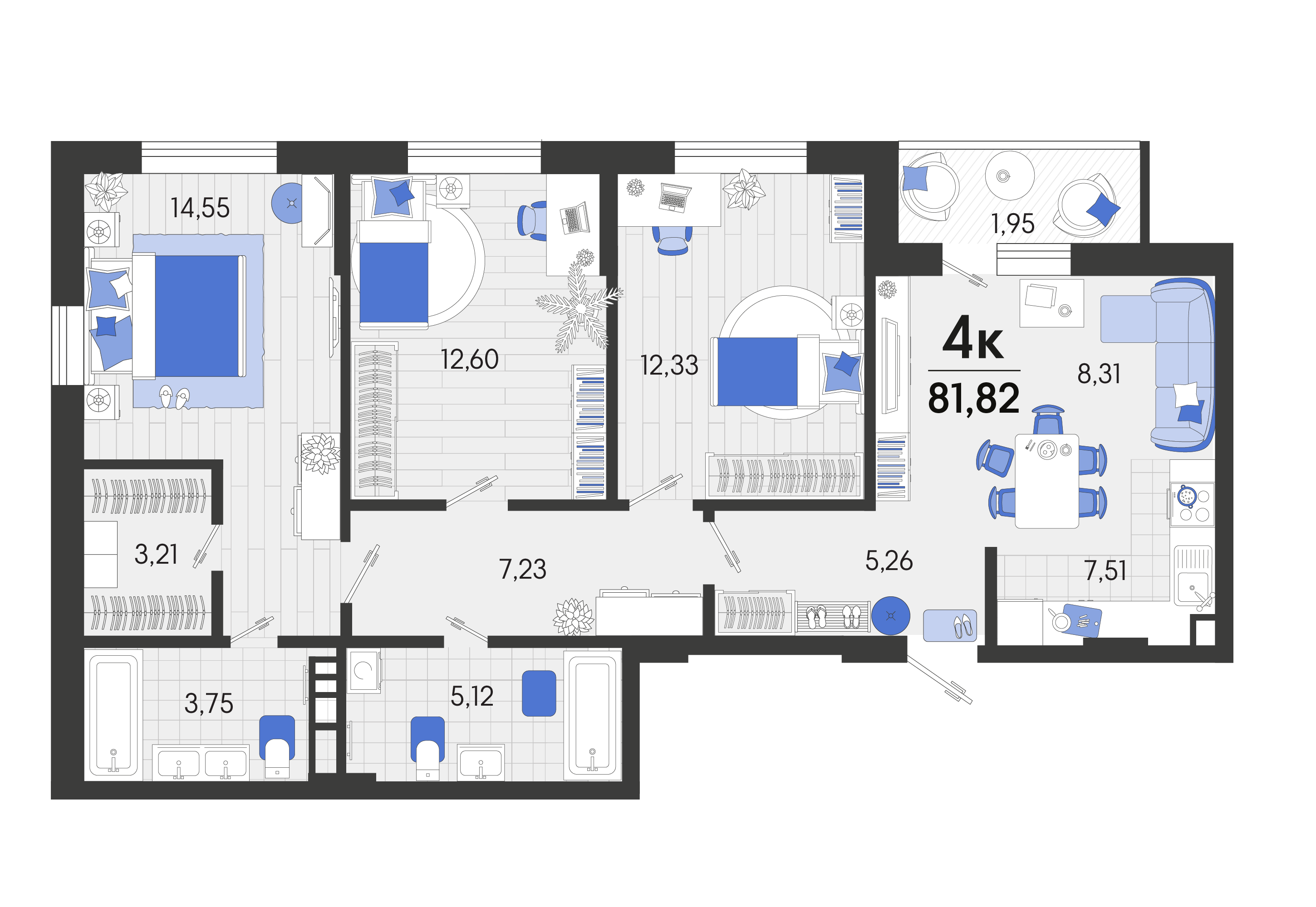 4 комн. квартира, 81.3 м², 2 этаж 