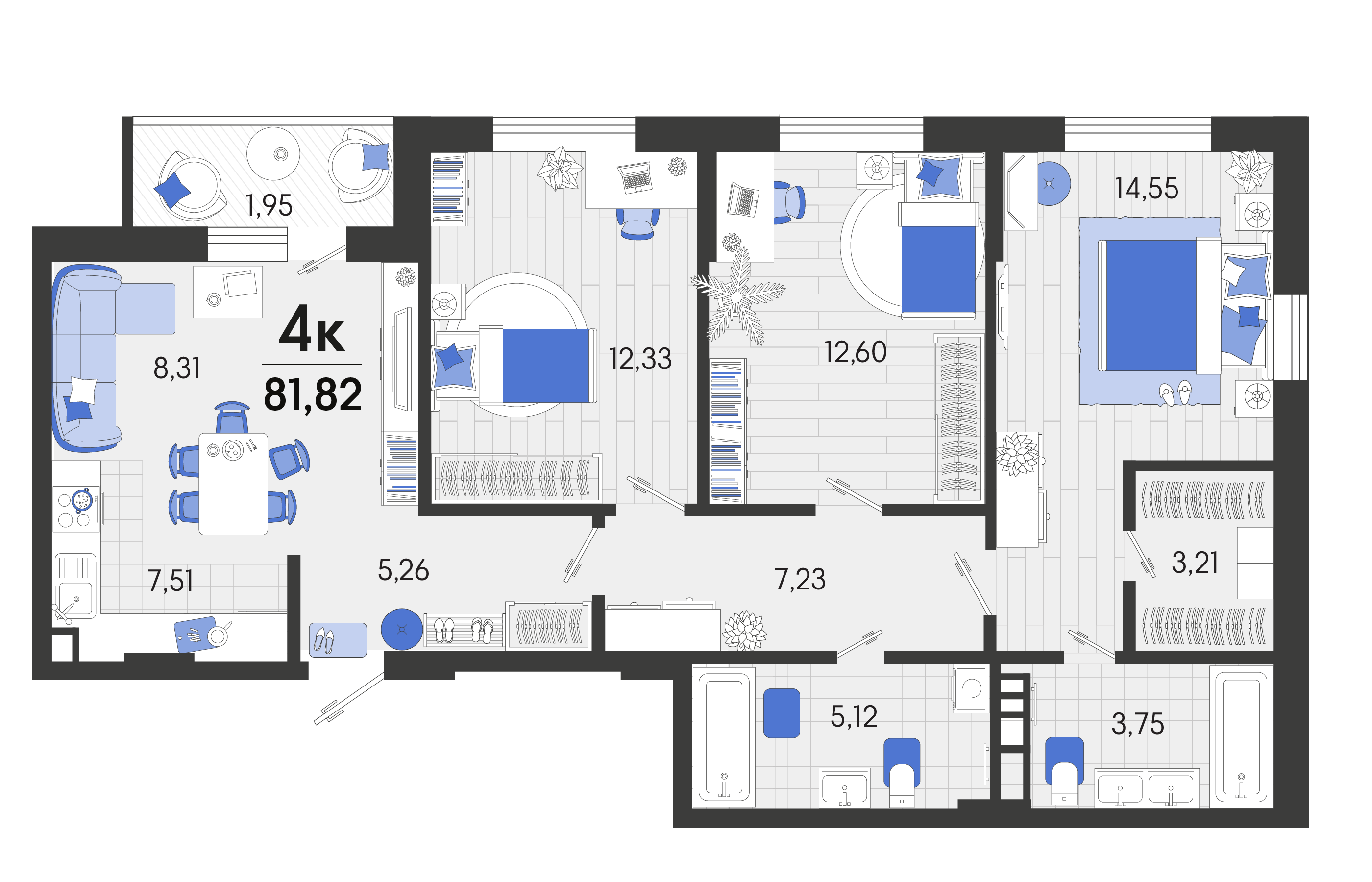 4 комн. квартира, 82.3 м², 4 этаж 