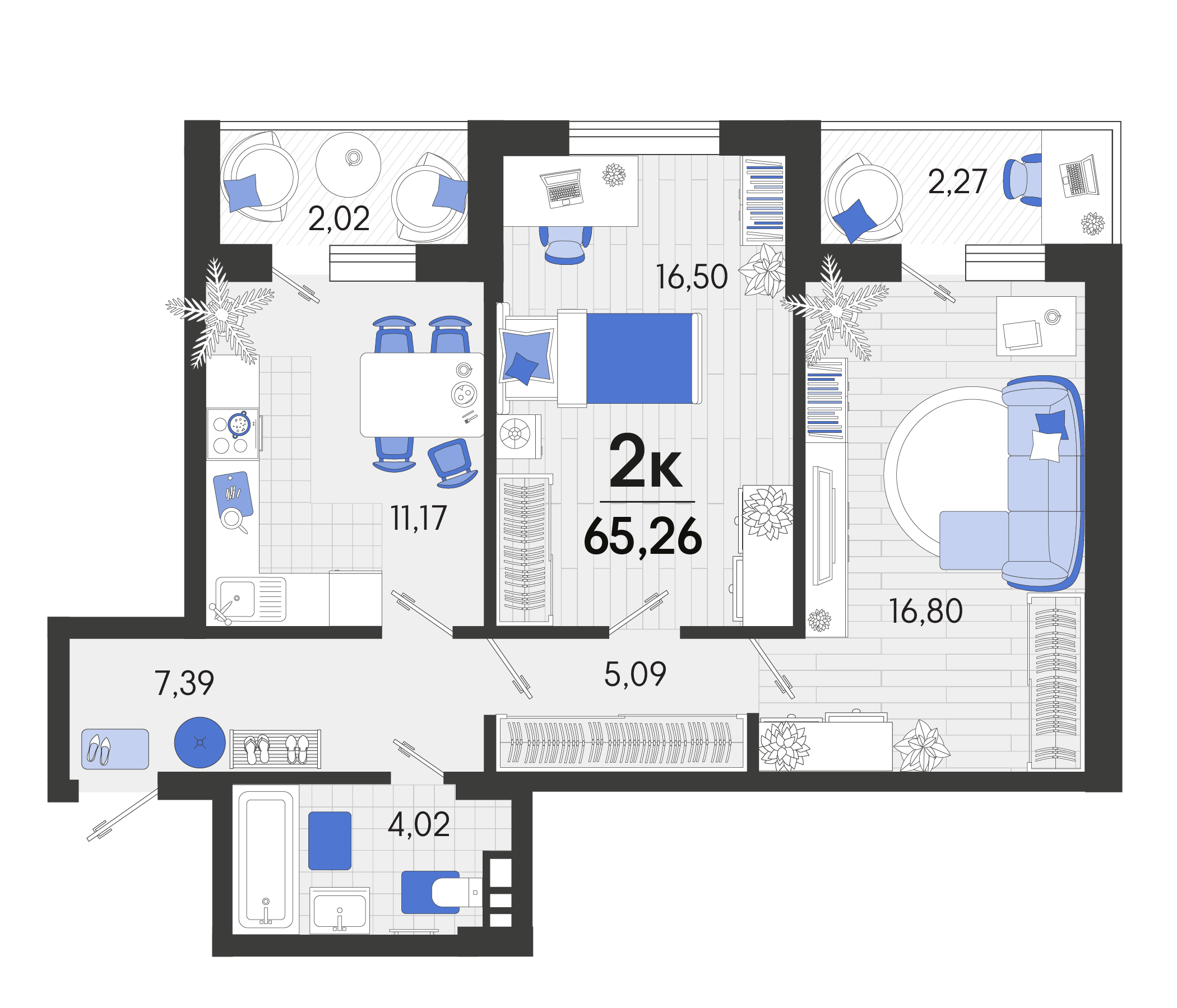 2 комн. квартира, 65.8 м², 5 этаж 