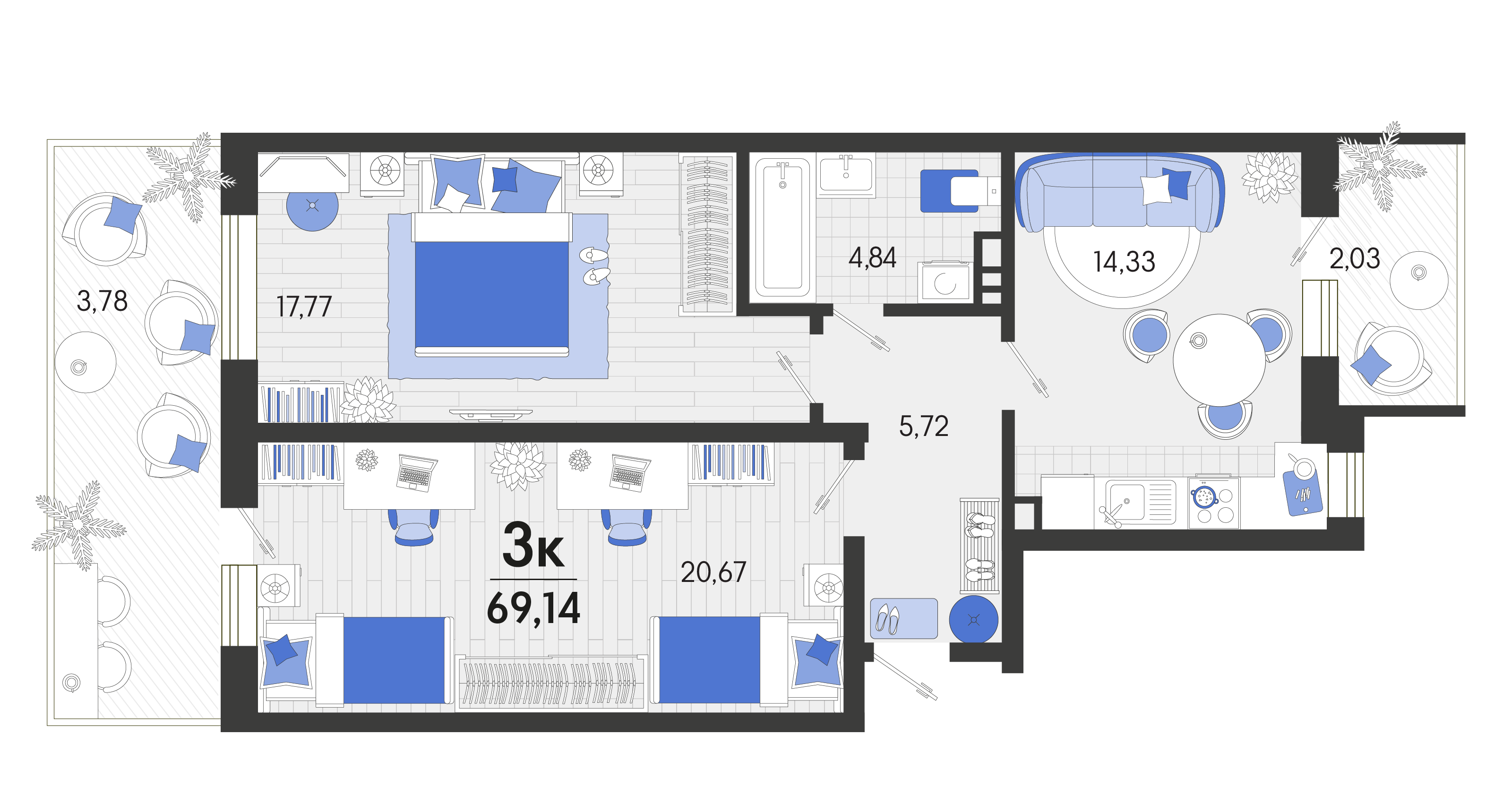 2 комн. квартира, 69.5 м², 1 этаж 