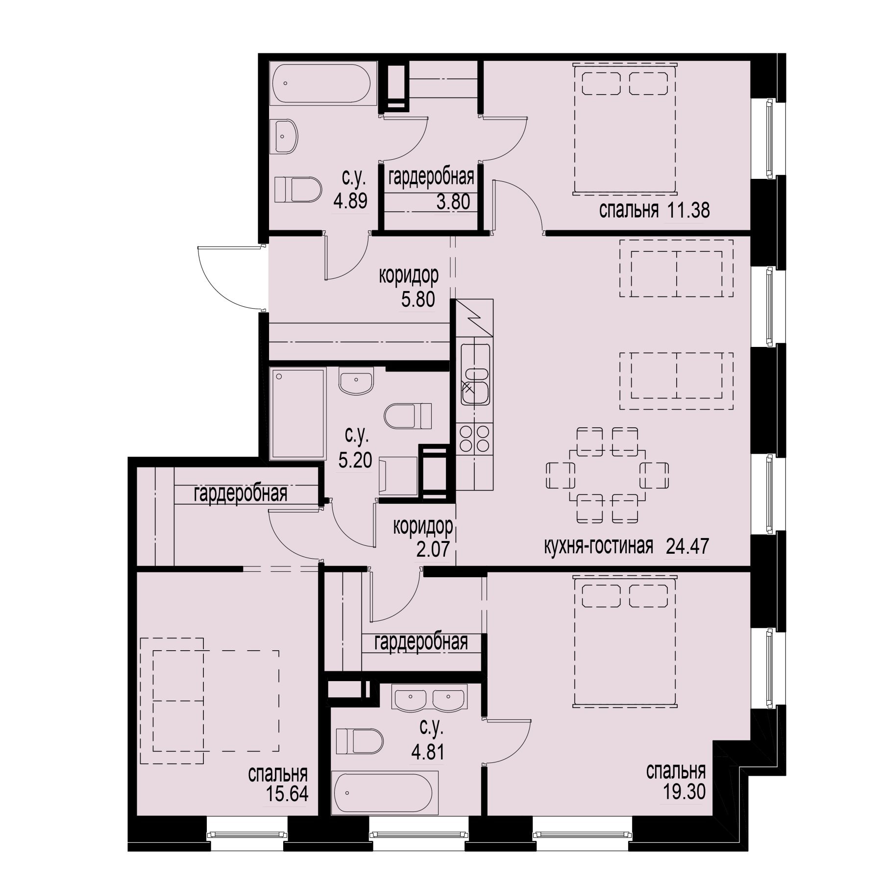3 комн. квартира, 97.4 м², 3 этаж 
