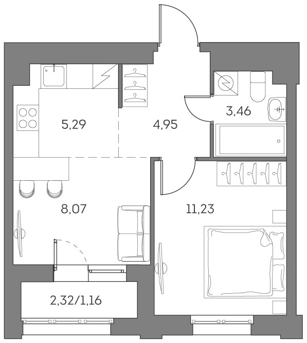 2 комн. квартира, 34.2 м², 9 этаж 