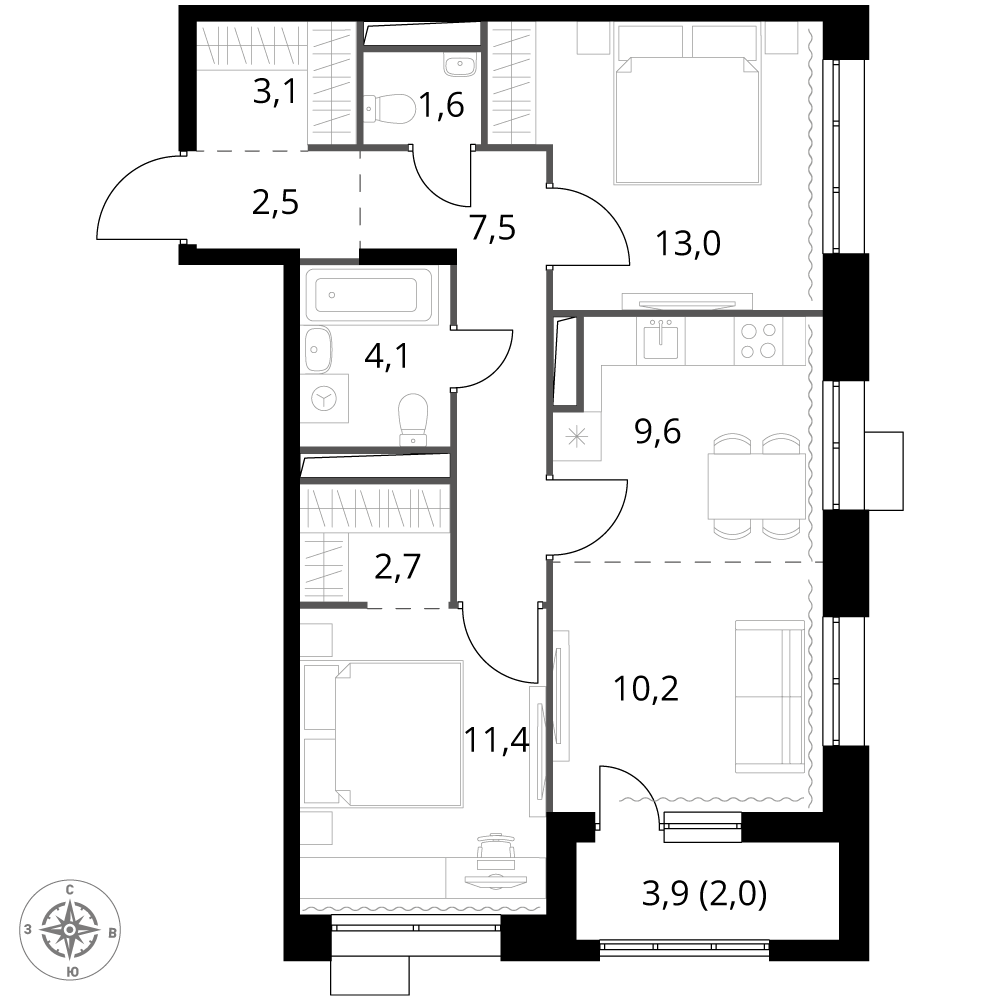 3 комн. квартира, 67.7 м², 5 этаж 