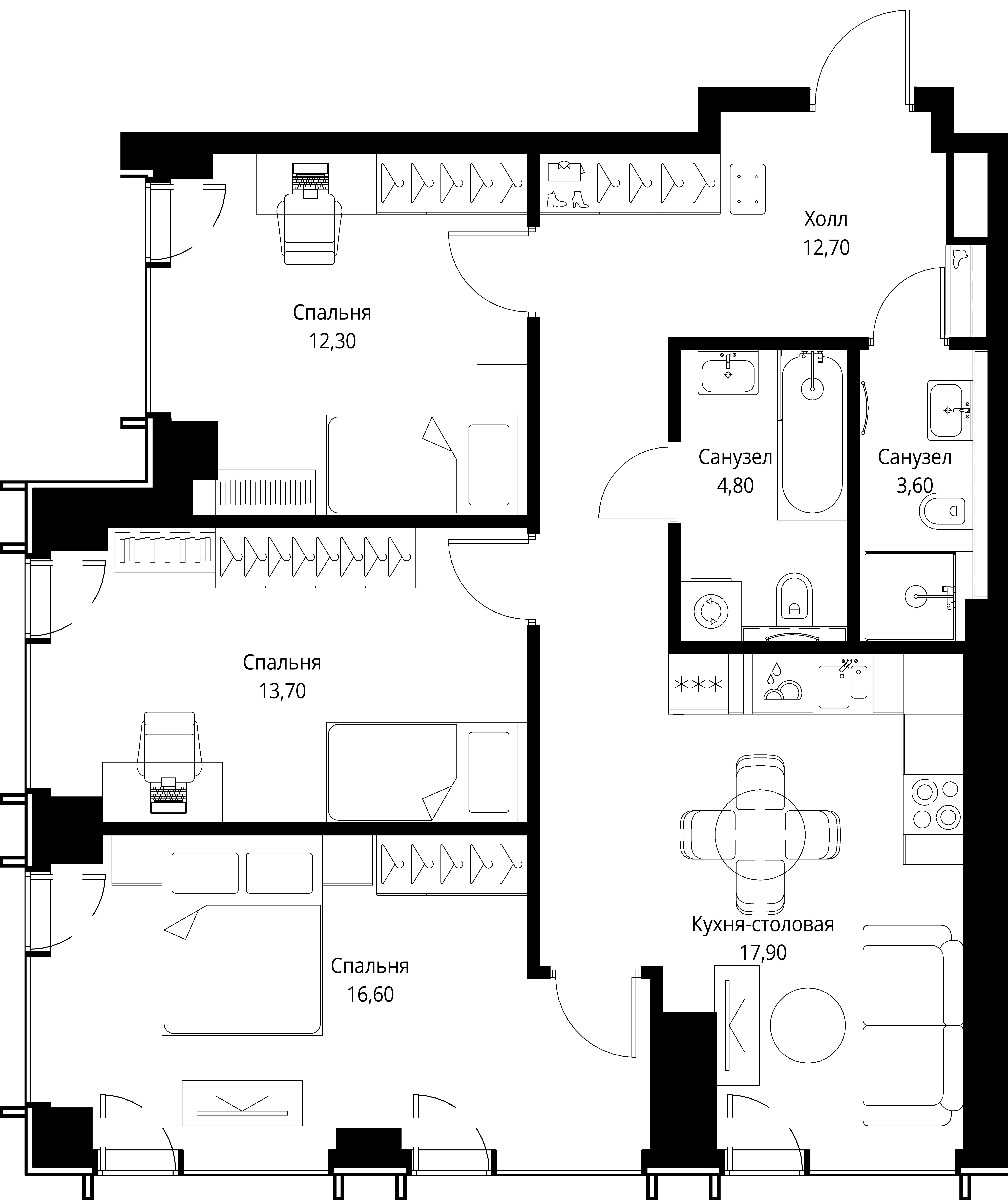3 комн. квартира, 81.6 м², 14 этаж 