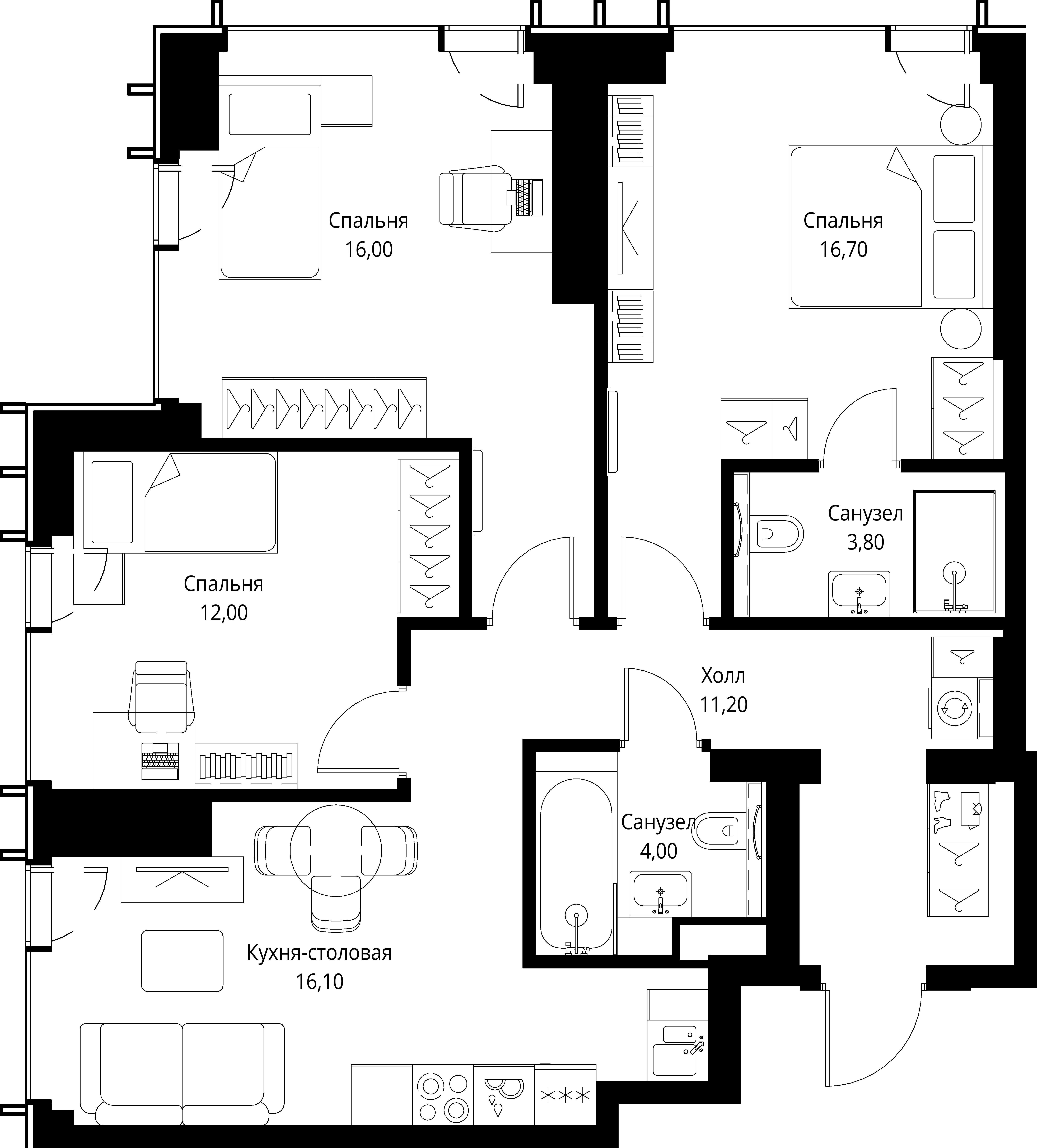 3 комн. квартира, 79.8 м², 37 этаж 