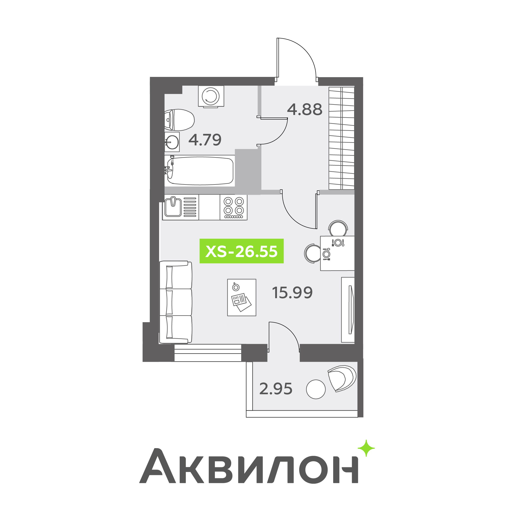студия, 26.6 м², 11 этаж 