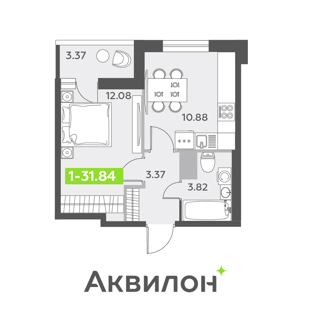1 комн. квартира, 31.8 м², 8 этаж 