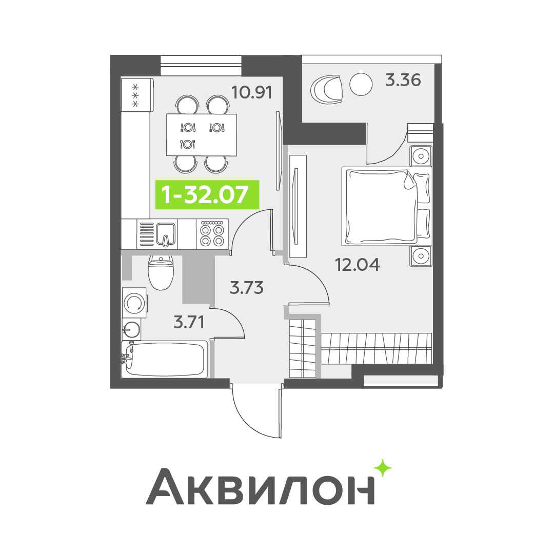 1 комн. квартира, 32.1 м², 11 этаж 