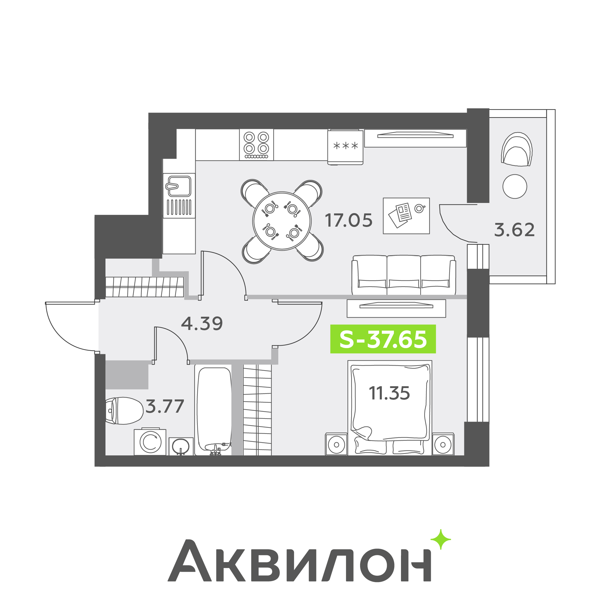 2 комн. квартира, 37.6 м², 4 этаж 