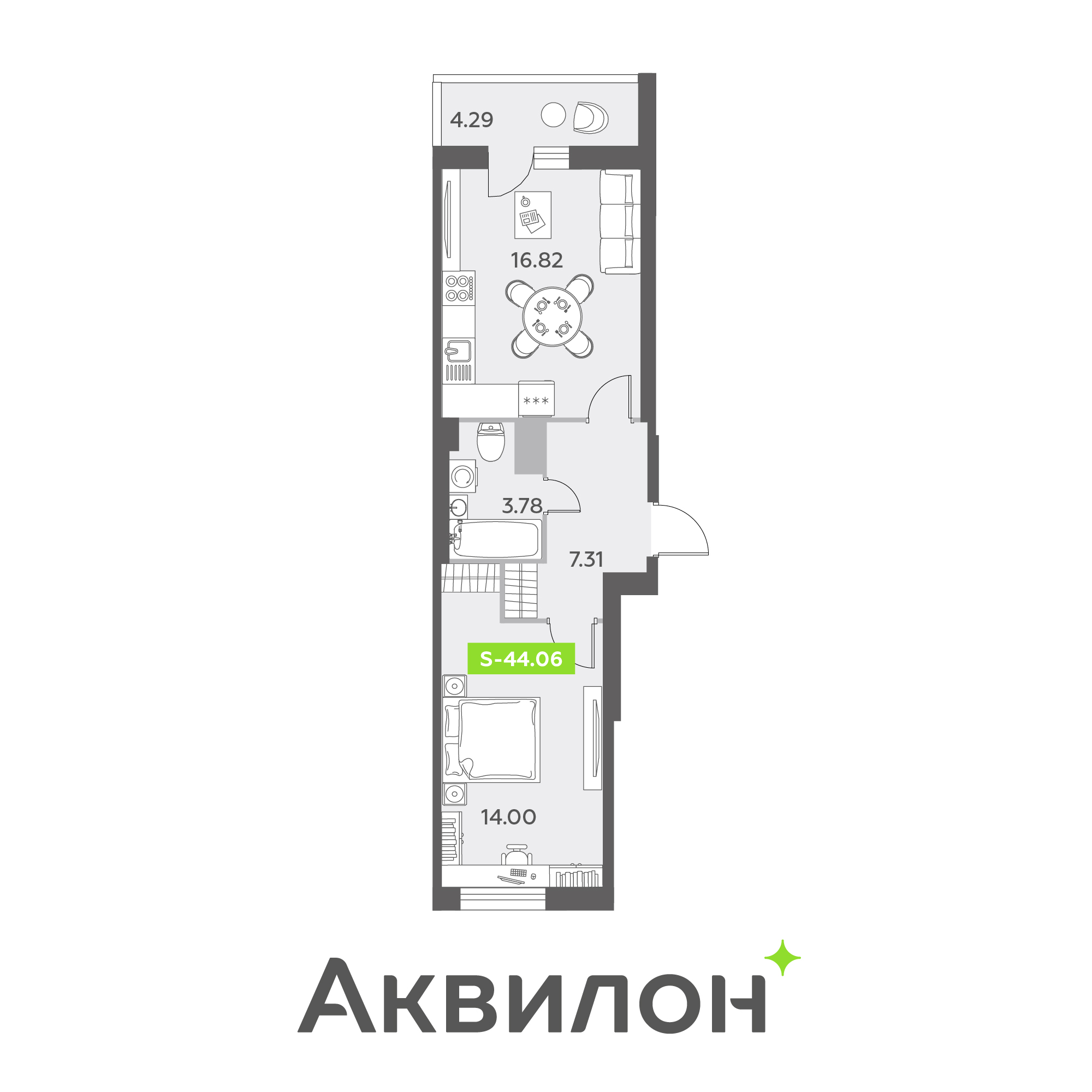 2 комн. квартира, 44.1 м², 4 этаж 