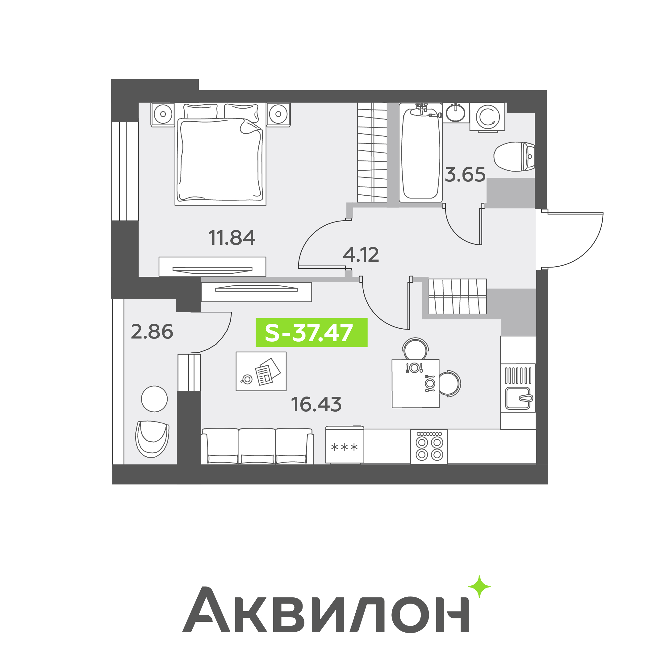 2 комн. квартира, 37.5 м², 9 этаж 