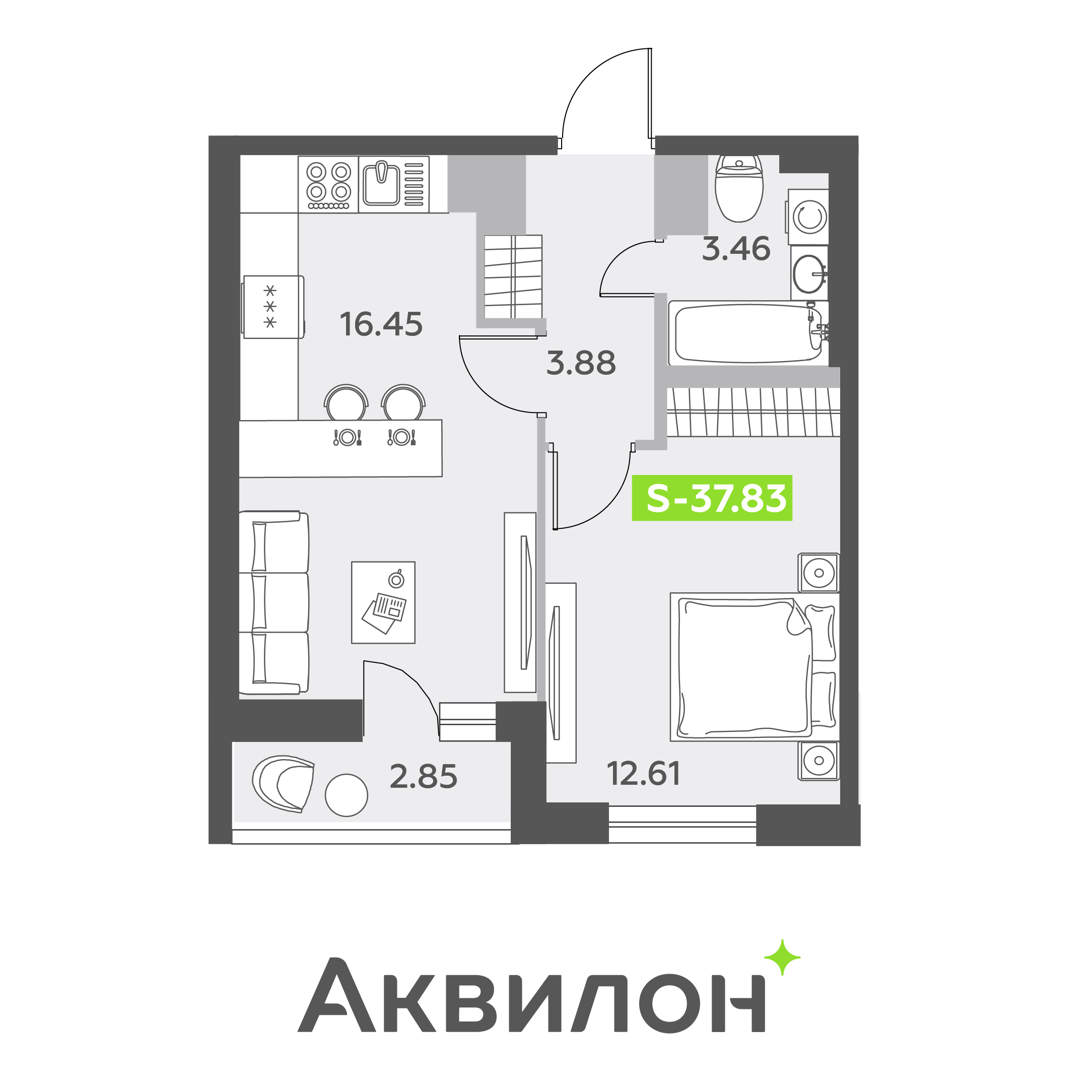 2 комн. квартира, 37.8 м², 10 этаж 