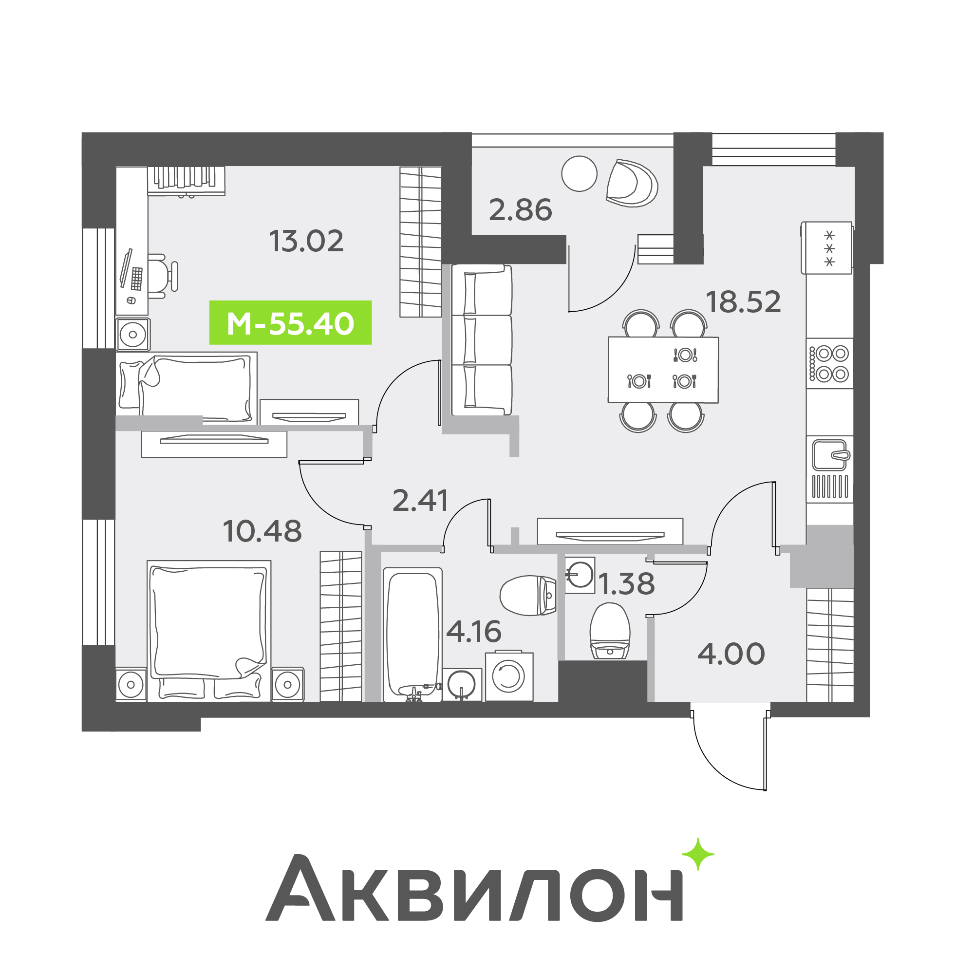 3 комн. квартира, 55.4 м², 4 этаж 