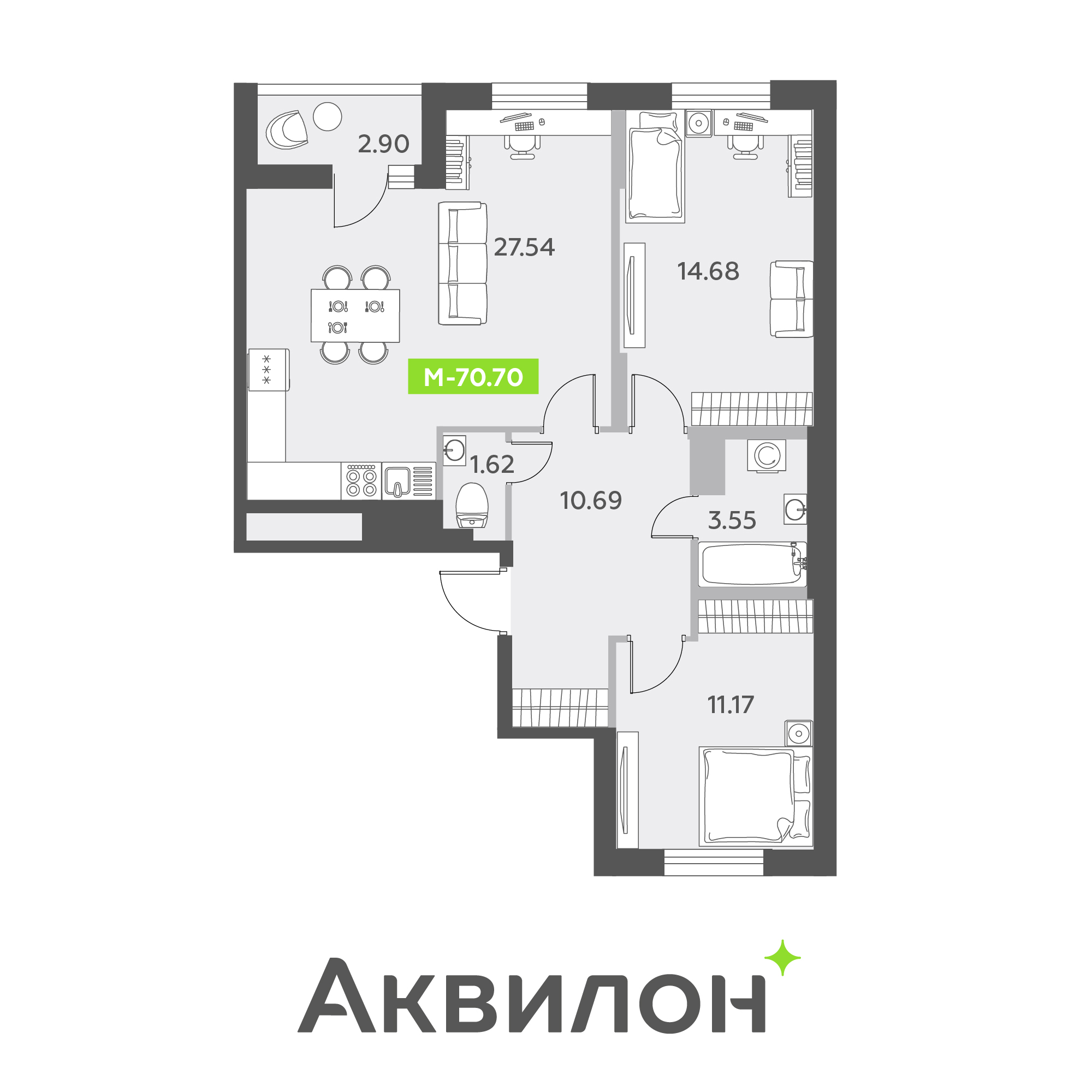 3 комн. квартира, 70.7 м², 12 этаж 