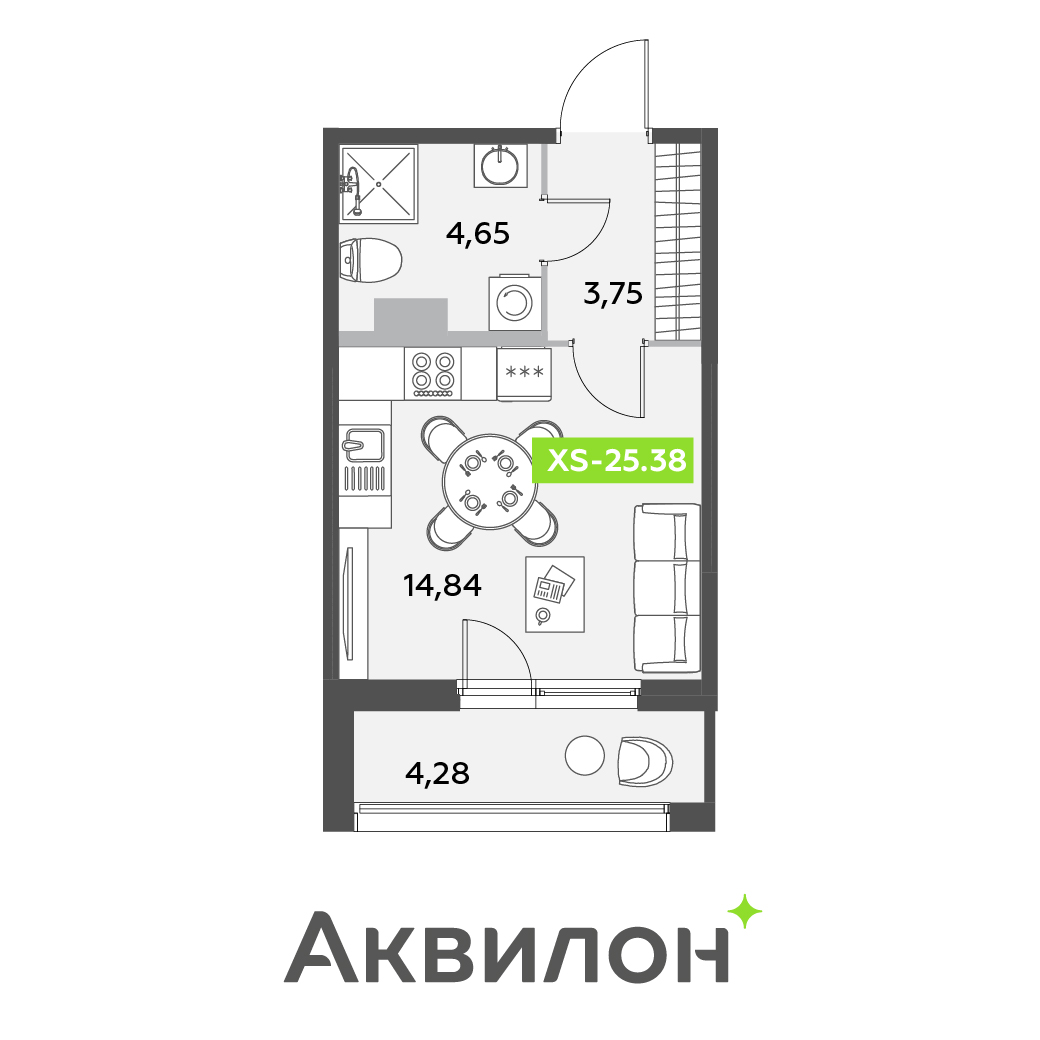 студия, 25.4 м², 3 этаж 