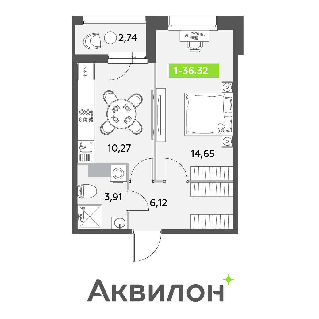 1 комн. квартира, 36.3 м², 11 этаж 
