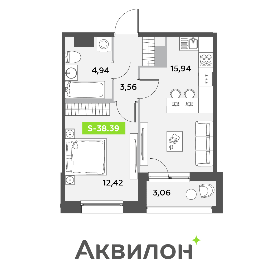 2 комн. квартира, 38.4 м², 3 этаж 