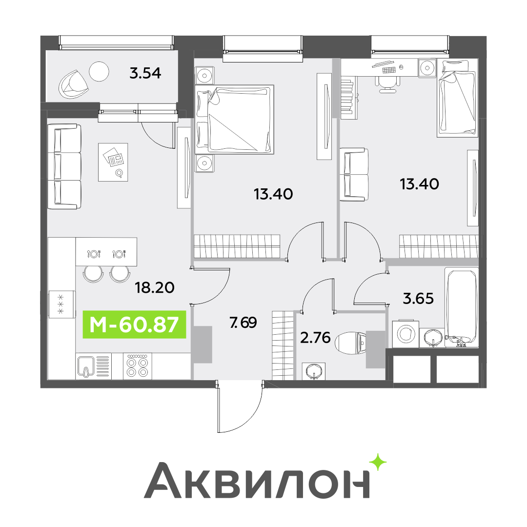 3 комн. квартира, 60.9 м², 11 этаж 