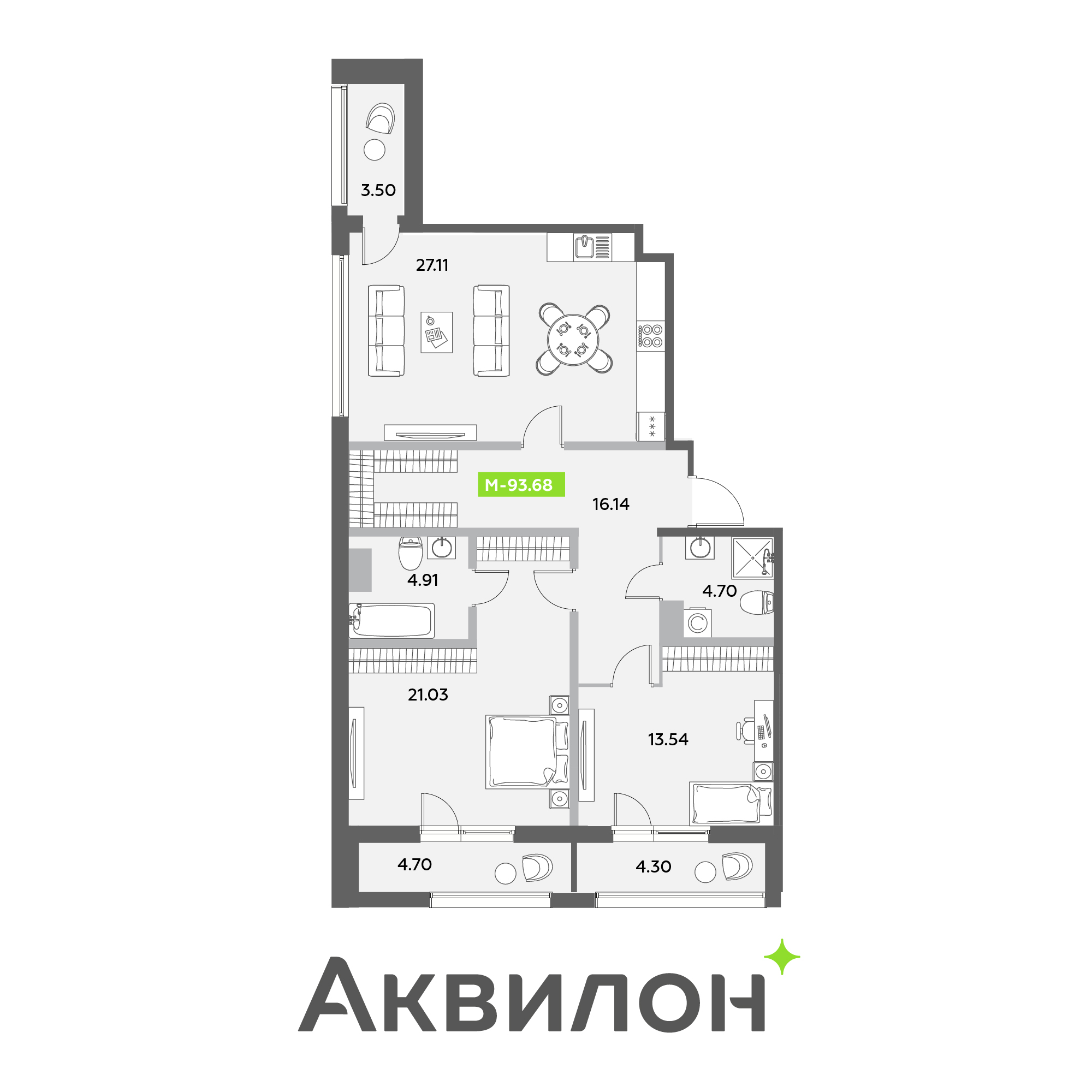 3 комн. квартира, 93.7 м², 11 этаж 