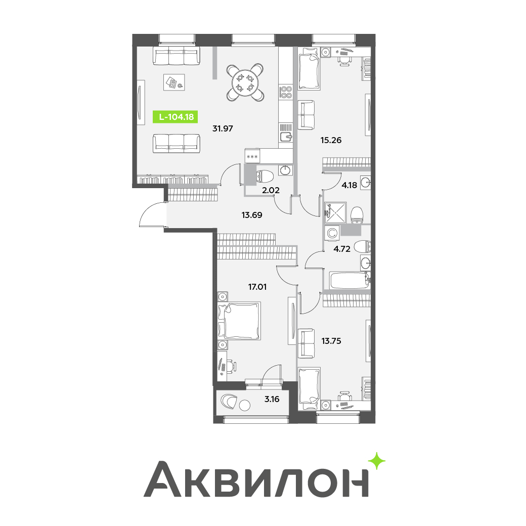 4 комн. квартира, 104.2 м², 4 этаж 