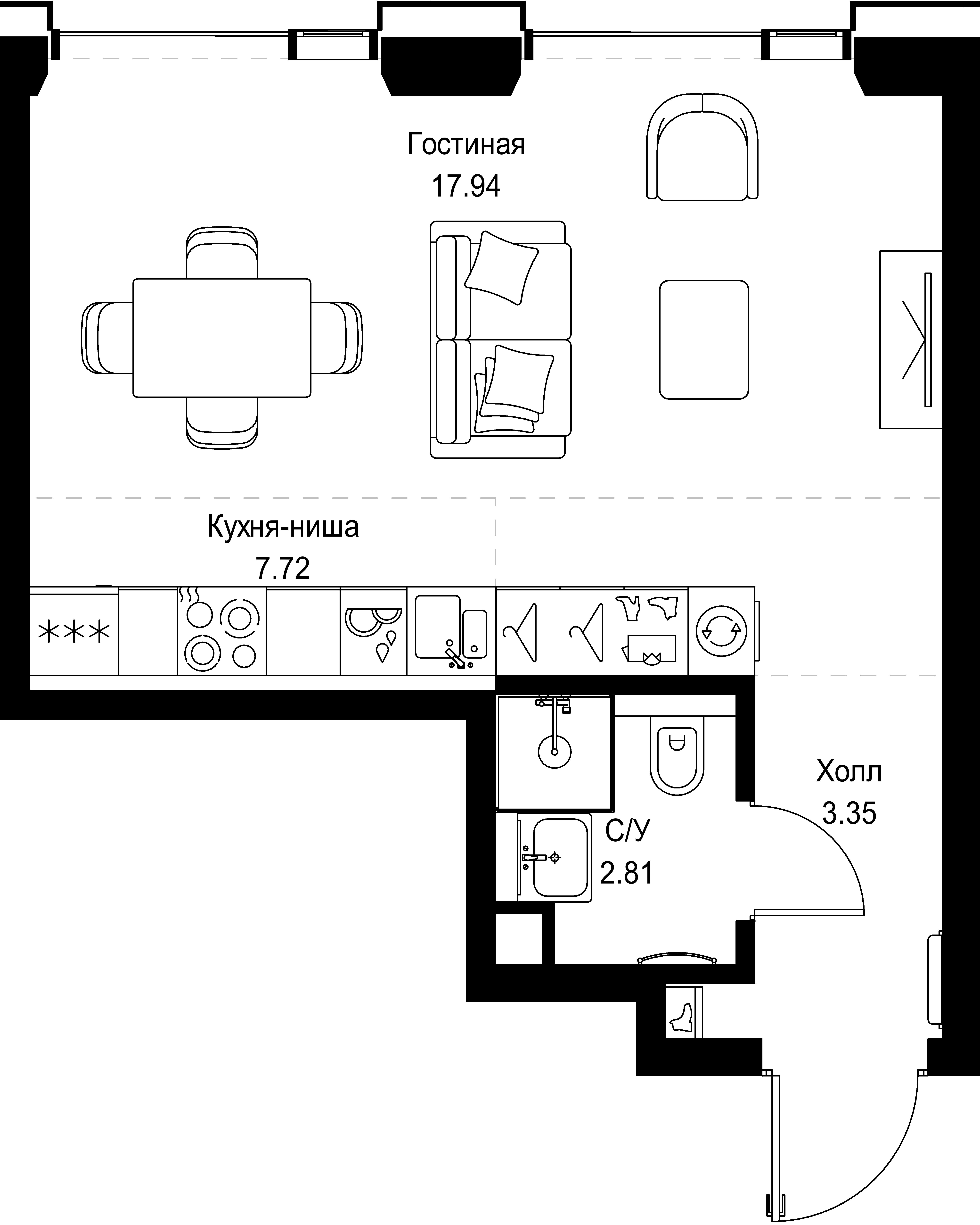 студия, 31.8 м², 34 этаж 