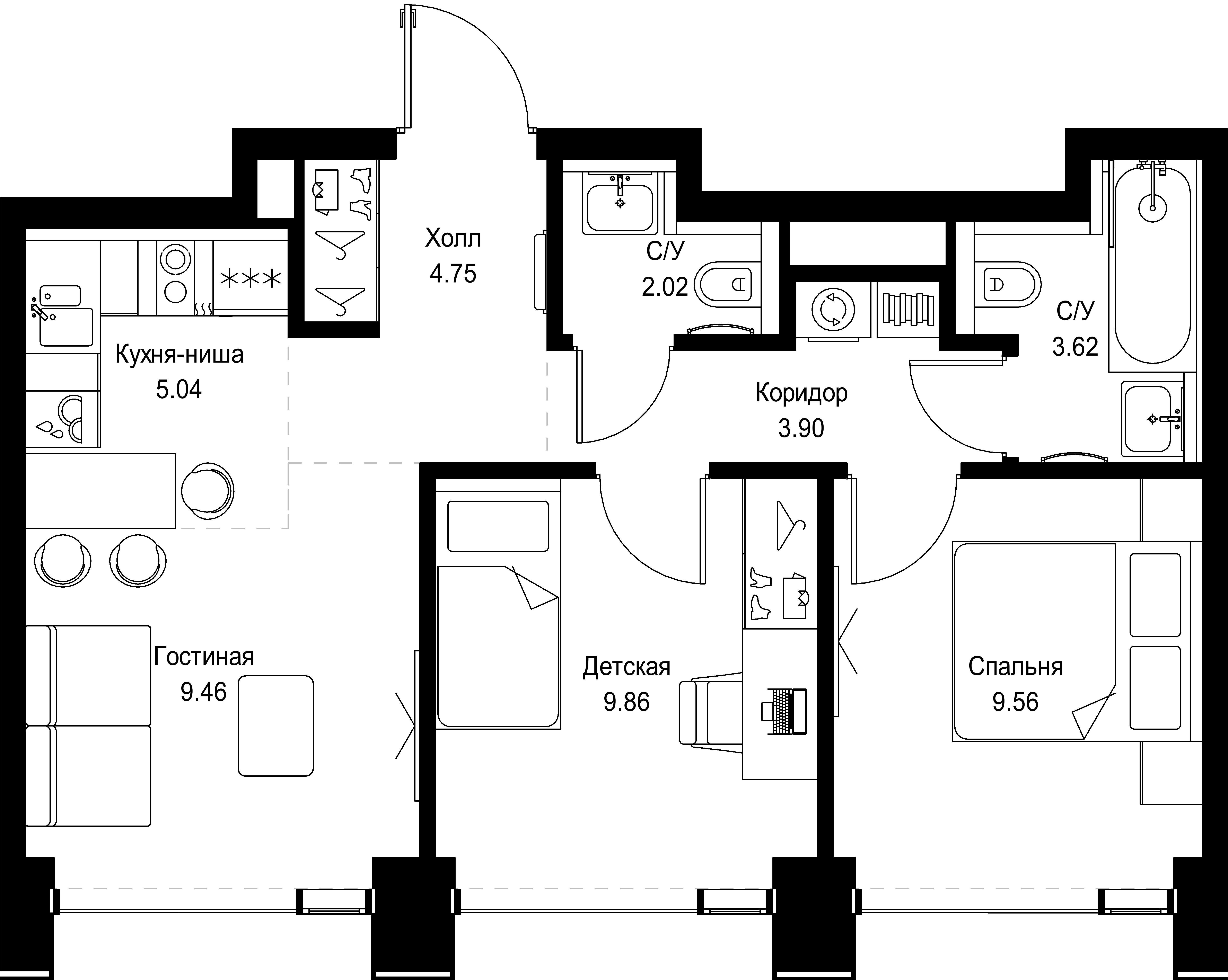 2 комн. квартира, 48.2 м², 49 этаж 
