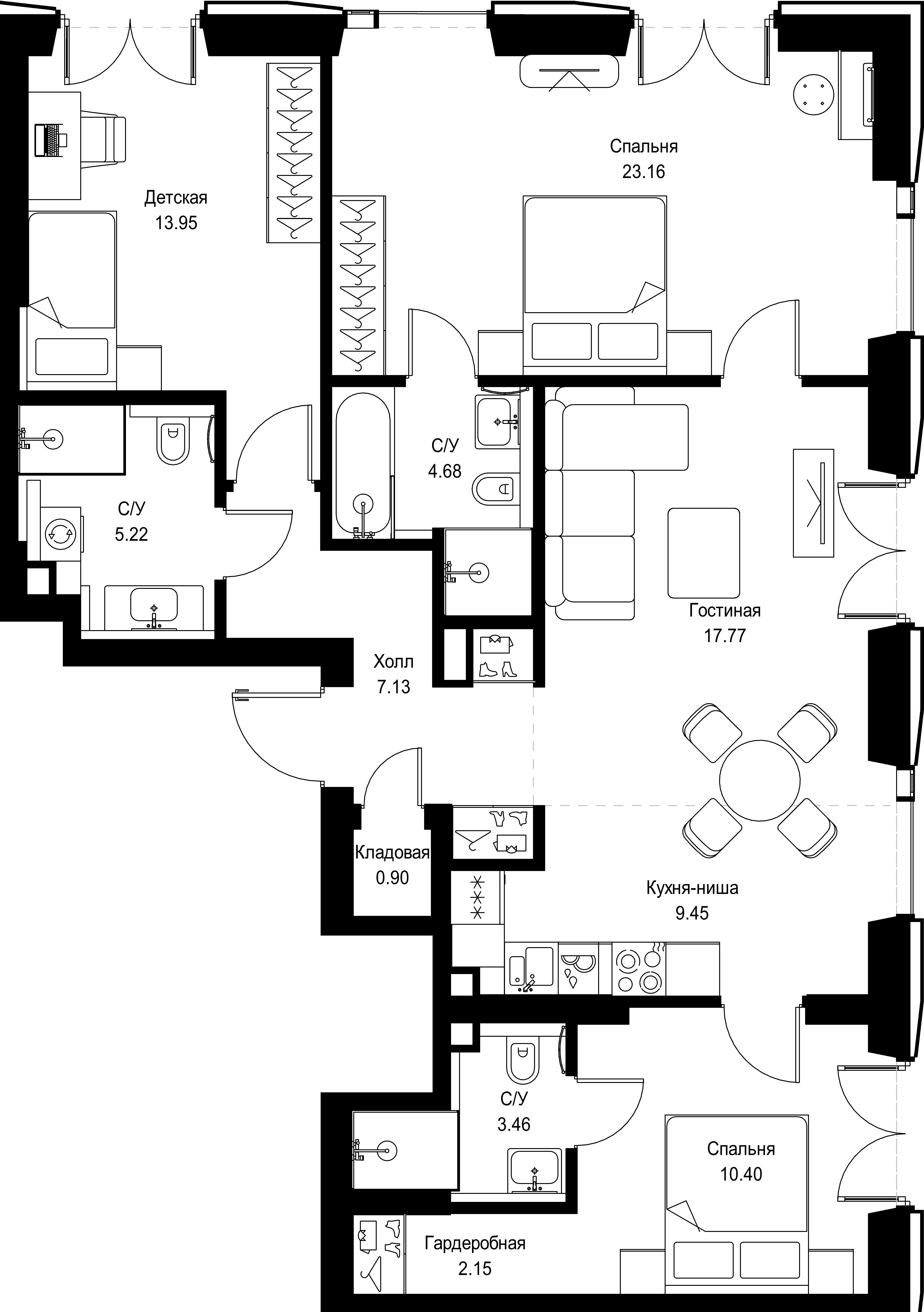 3 комн. квартира, 98.3 м², 3 этаж 