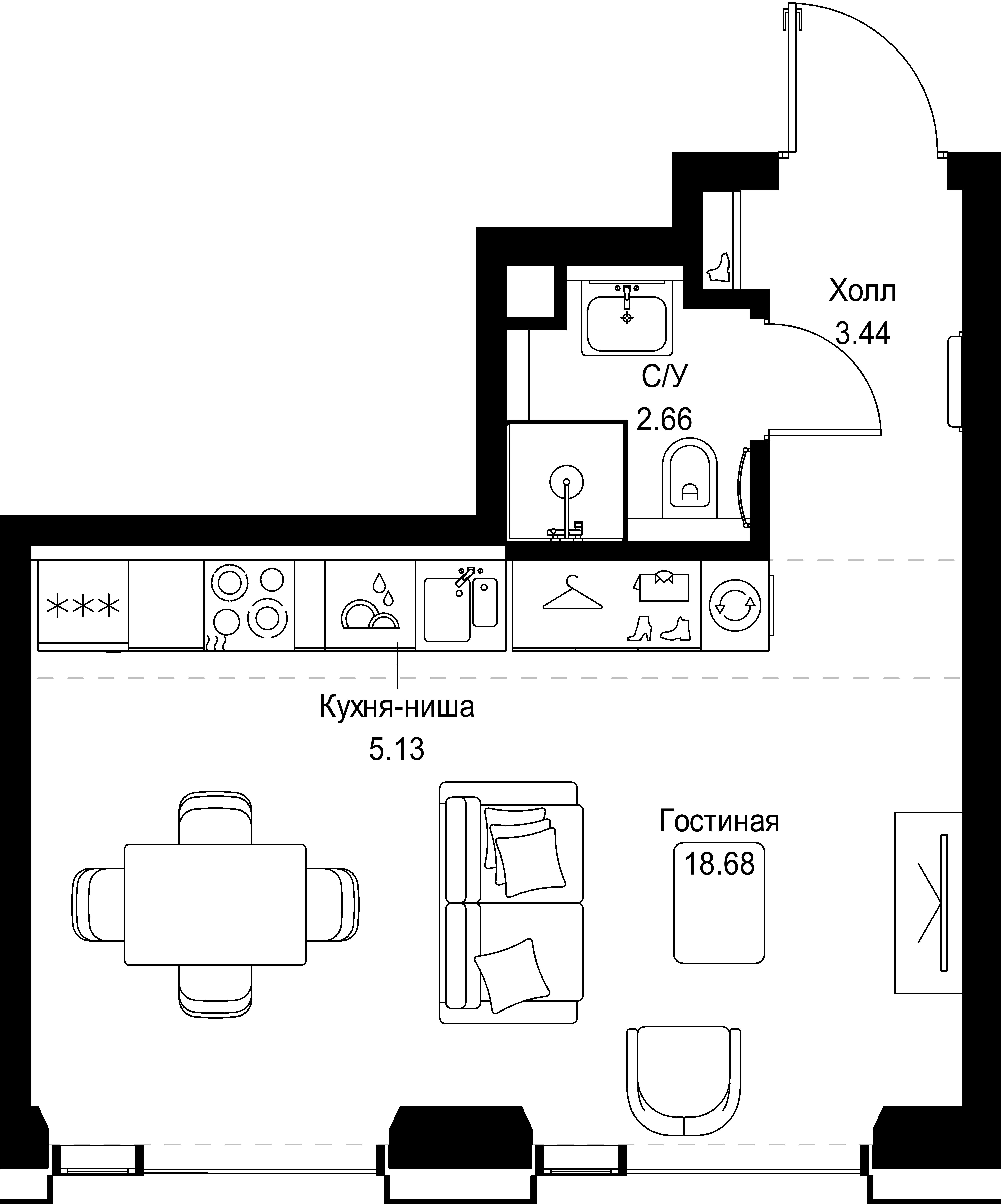 студия, 29.9 м², 34 этаж 