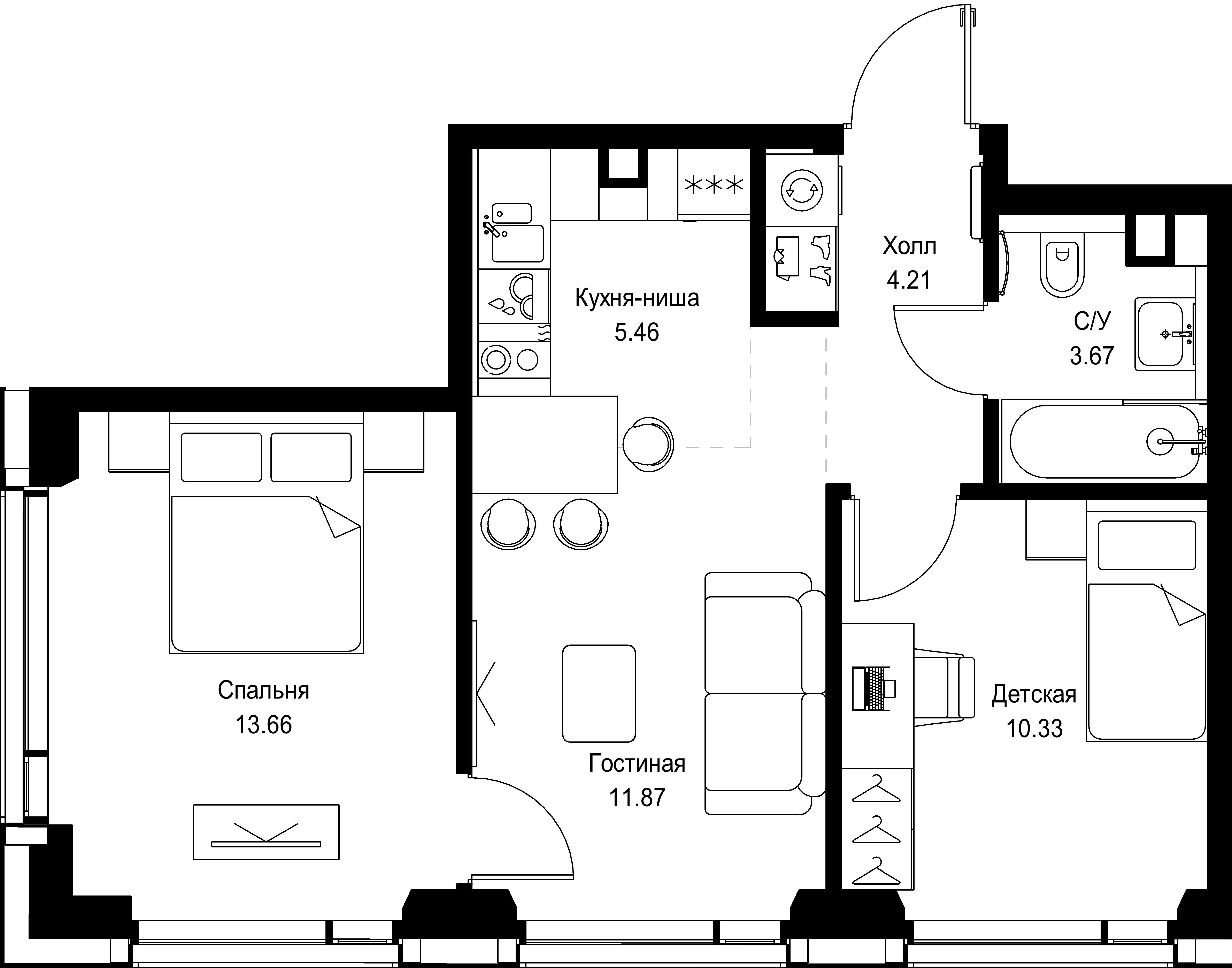 2 комн. квартира, 49.2 м², 37 этаж 
