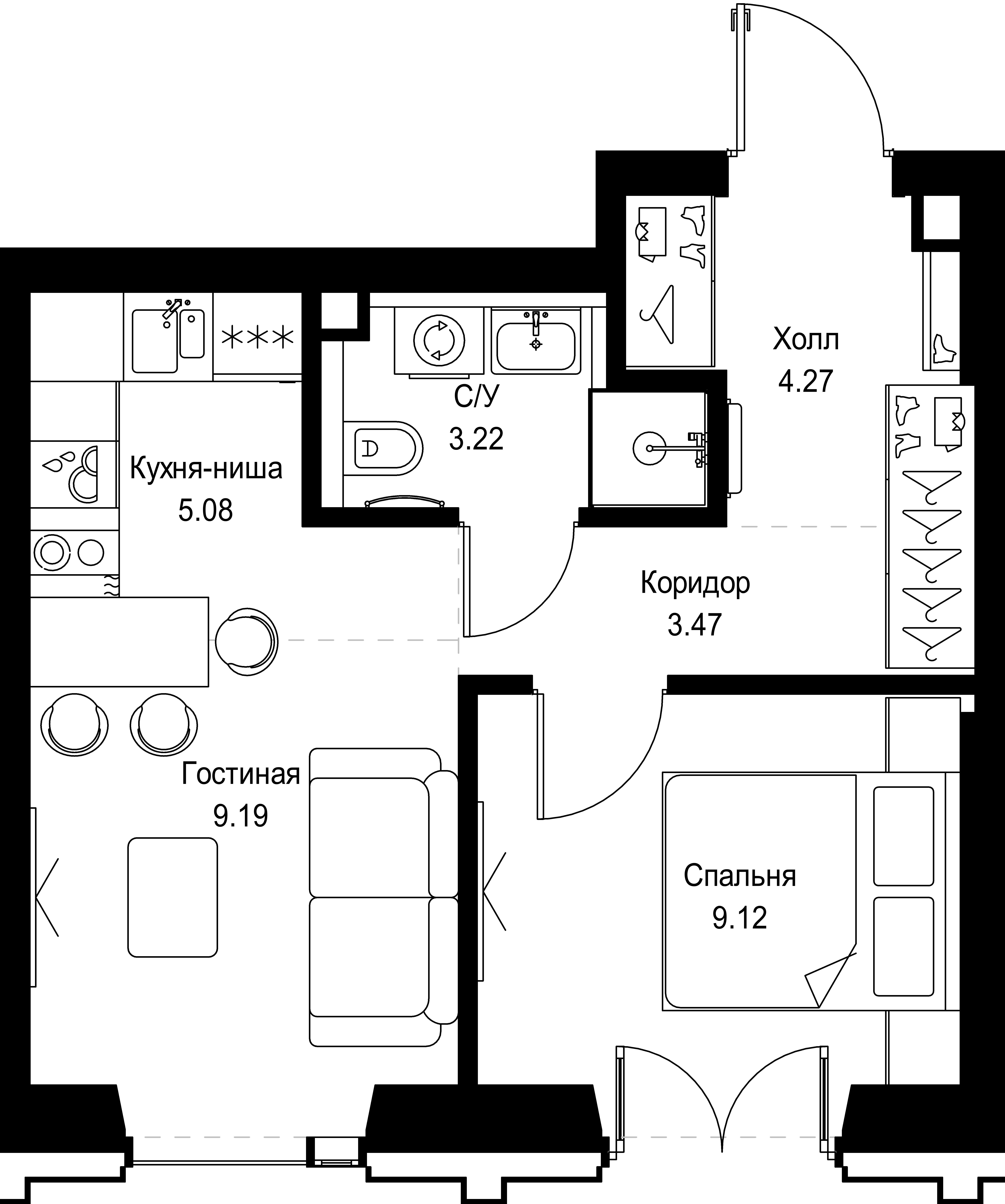 1 комн. квартира, 34.4 м², 3 этаж 