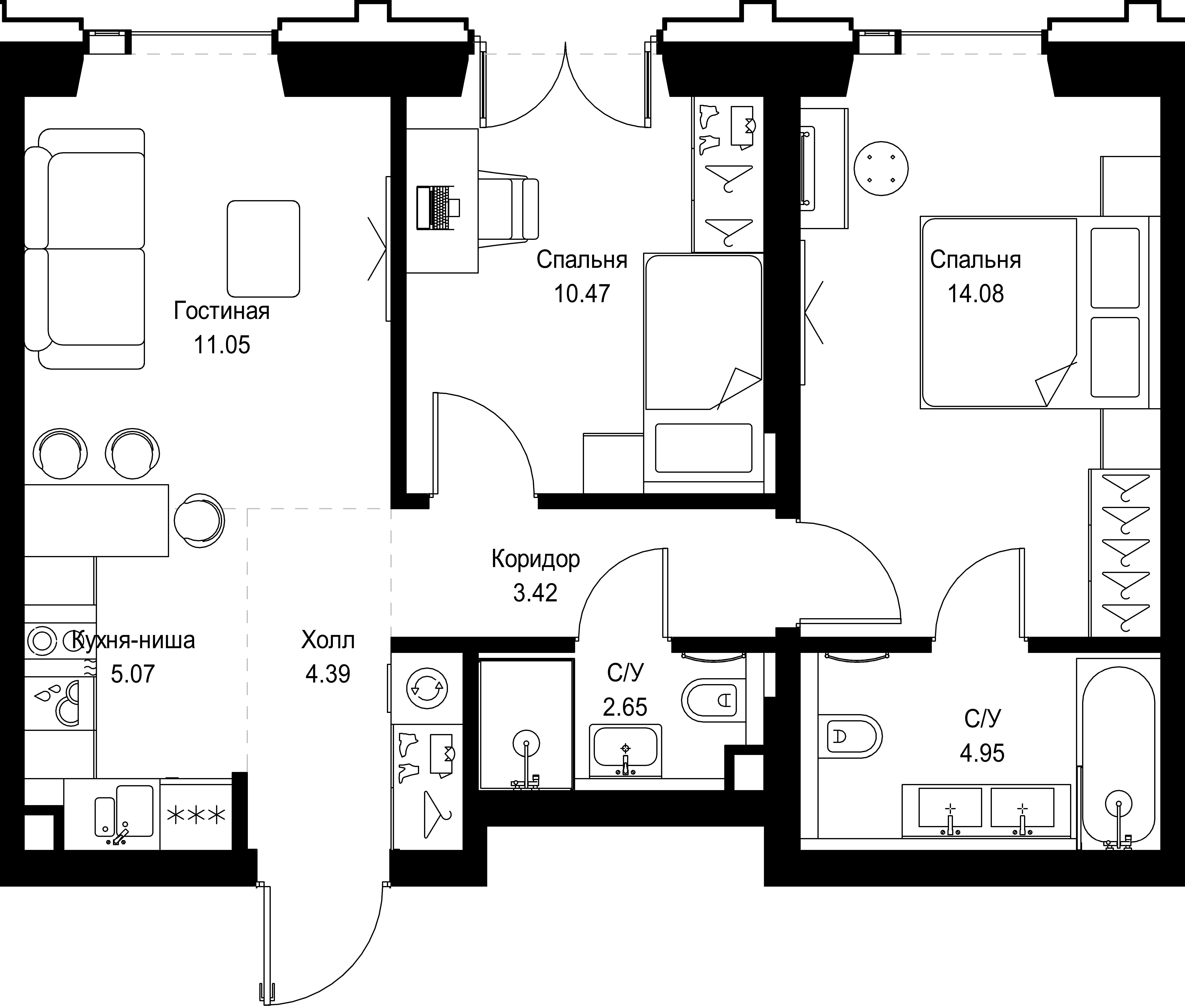 2 комн. квартира, 56.1 м², 3 этаж 