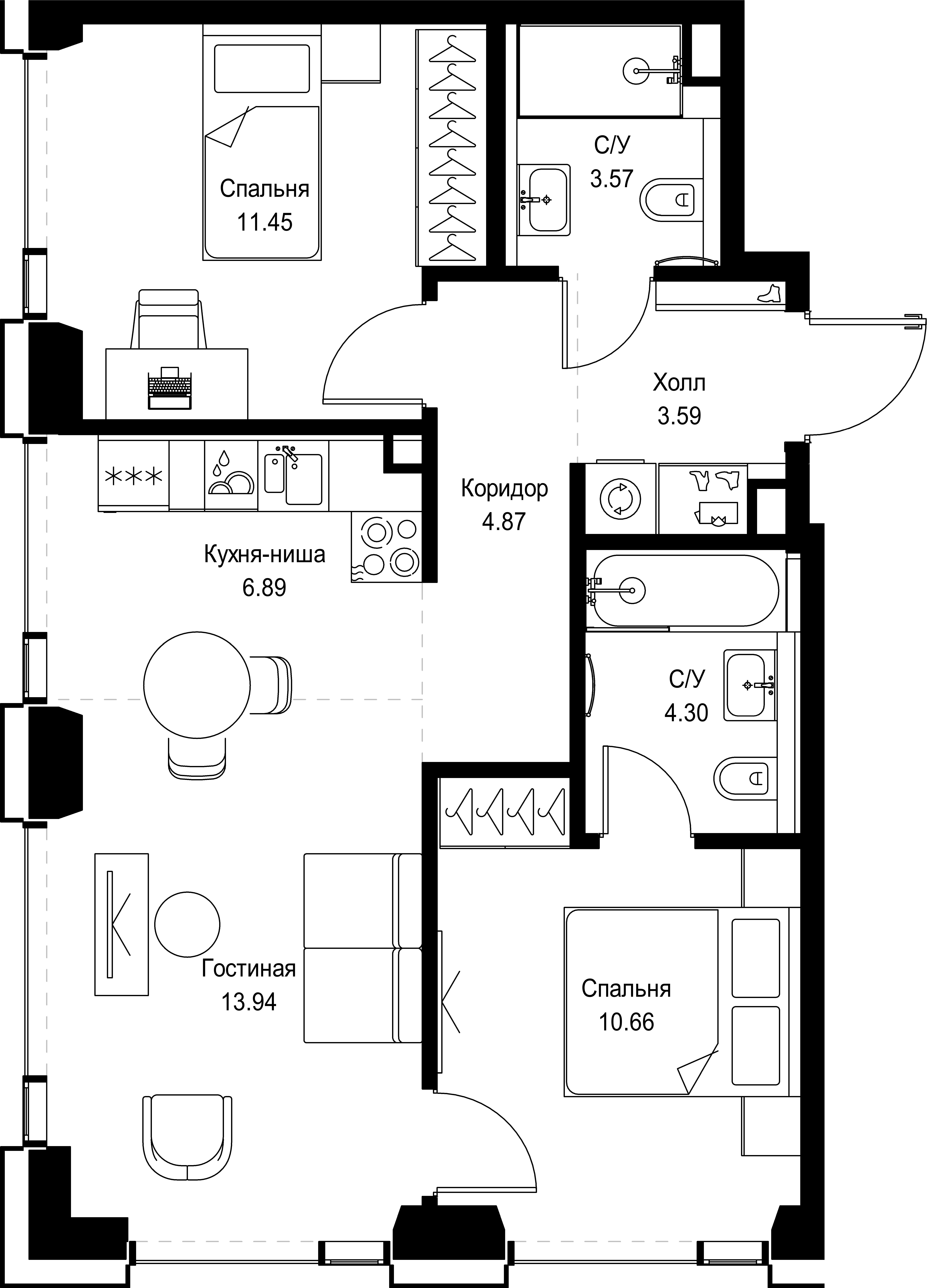 2 комн. квартира, 59.3 м², 27 этаж 