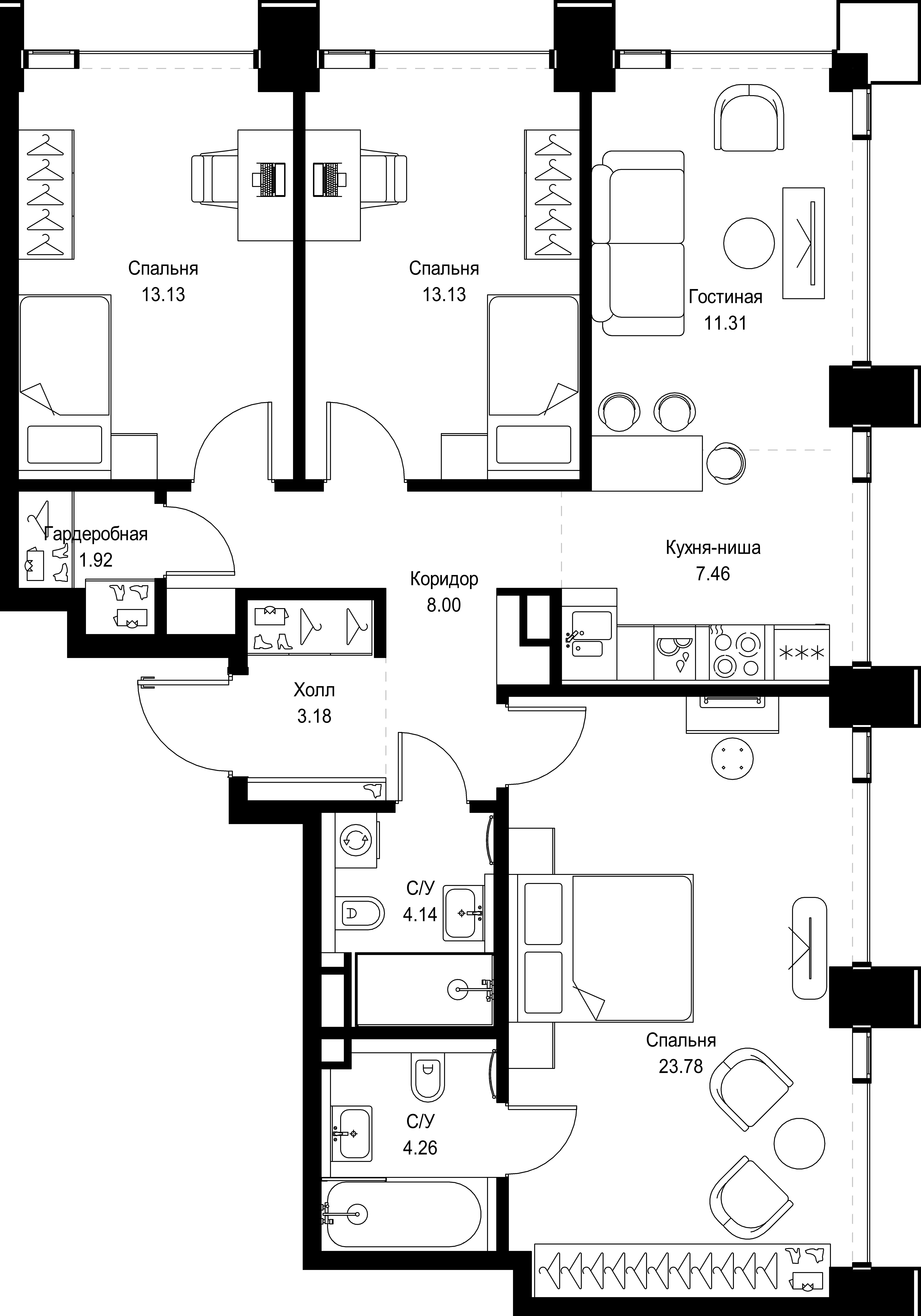 3 комн. квартира, 90.3 м², 57 этаж 