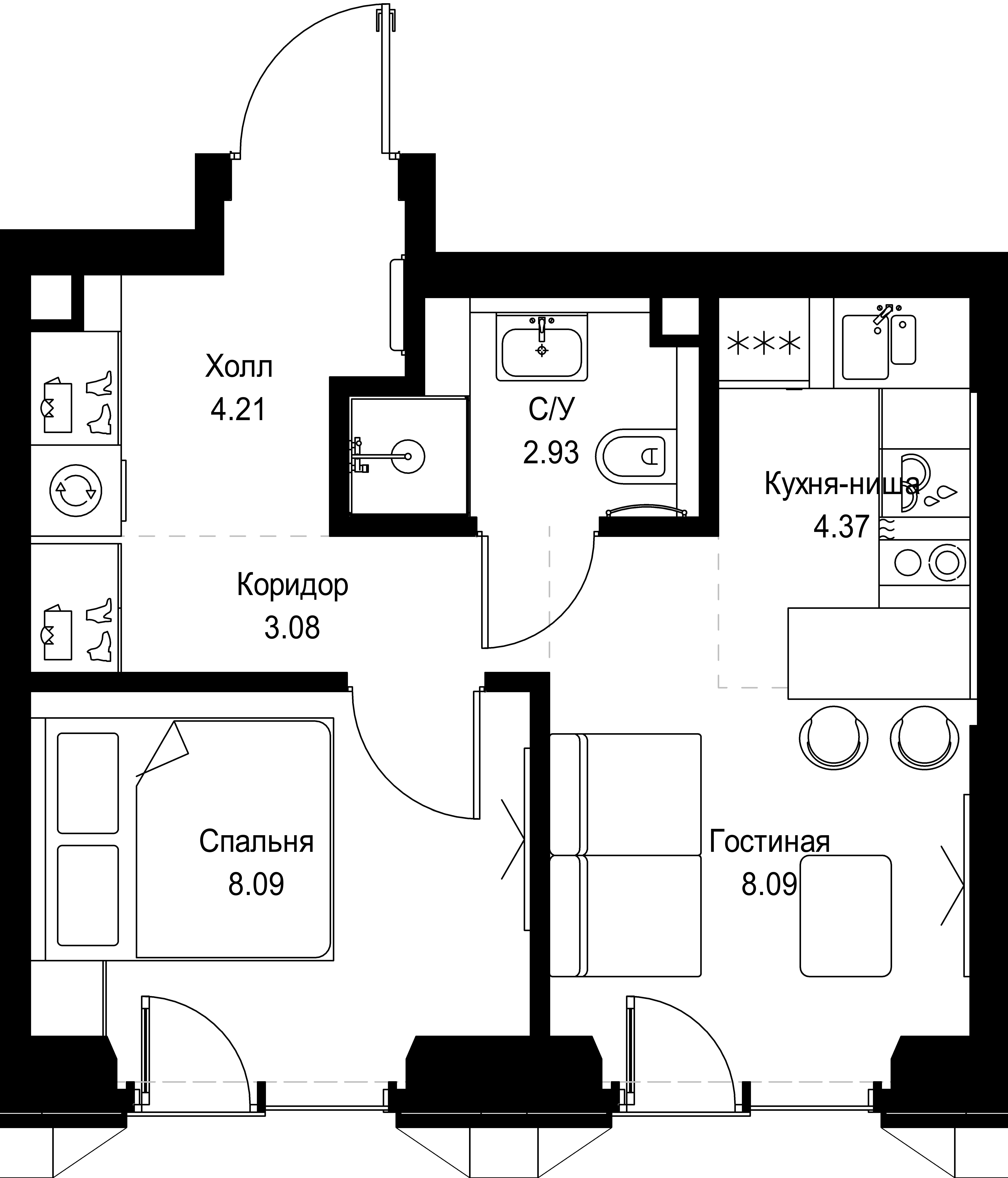 1 комн. квартира, 30.8 м², 12 этаж 