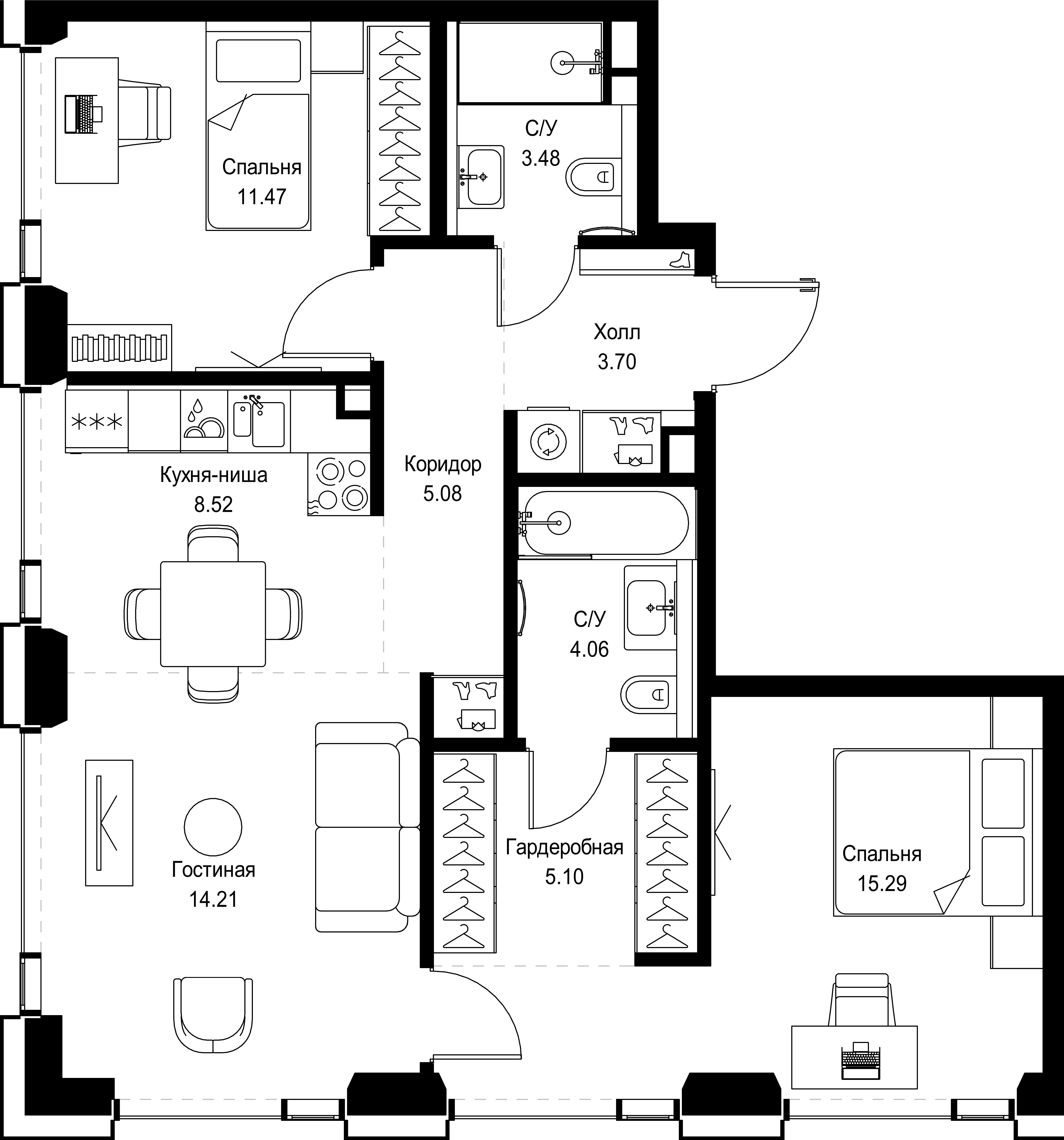 2 комн. квартира, 70.9 м², 42 этаж 