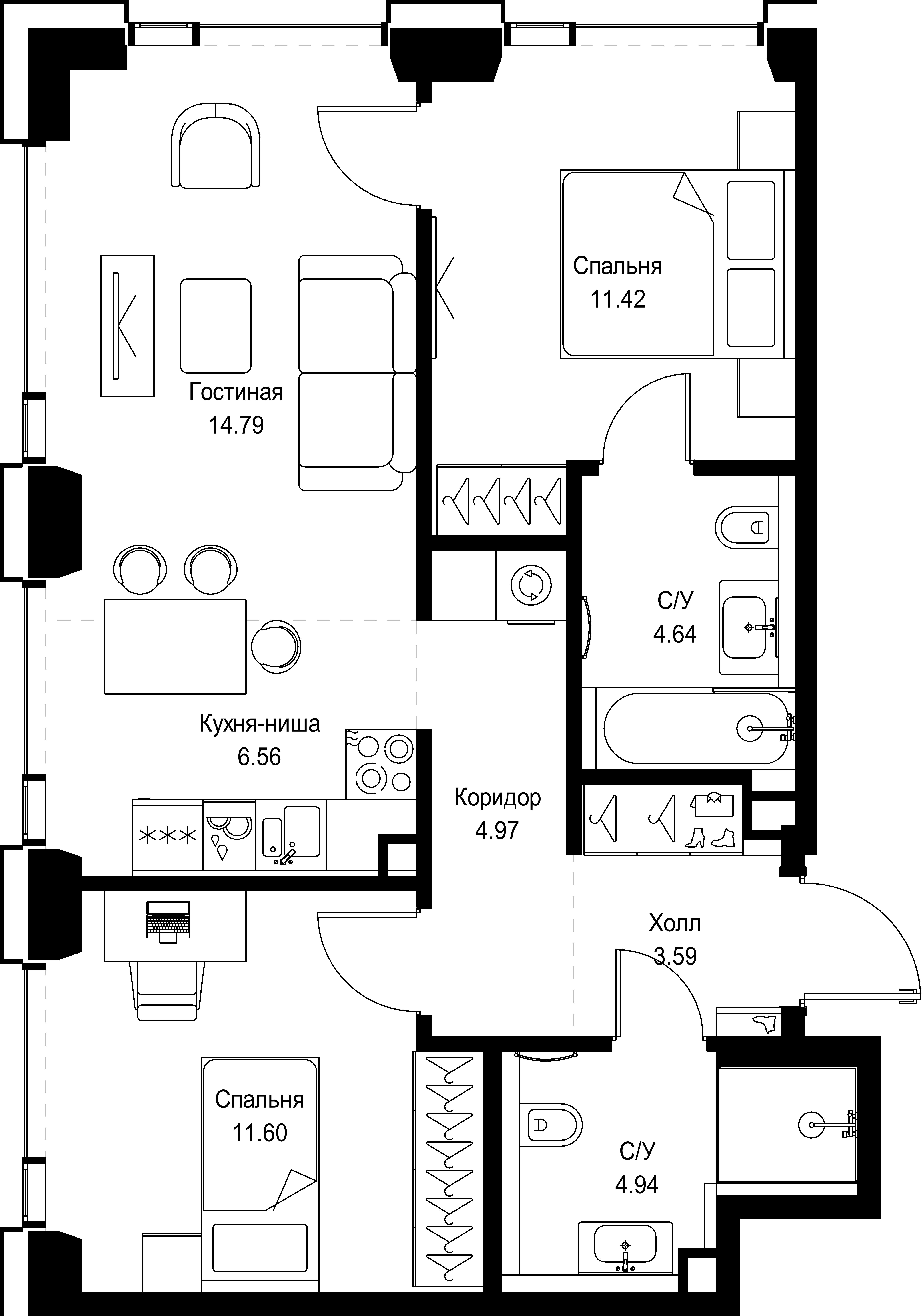 2 комн. квартира, 62.5 м², 21 этаж 