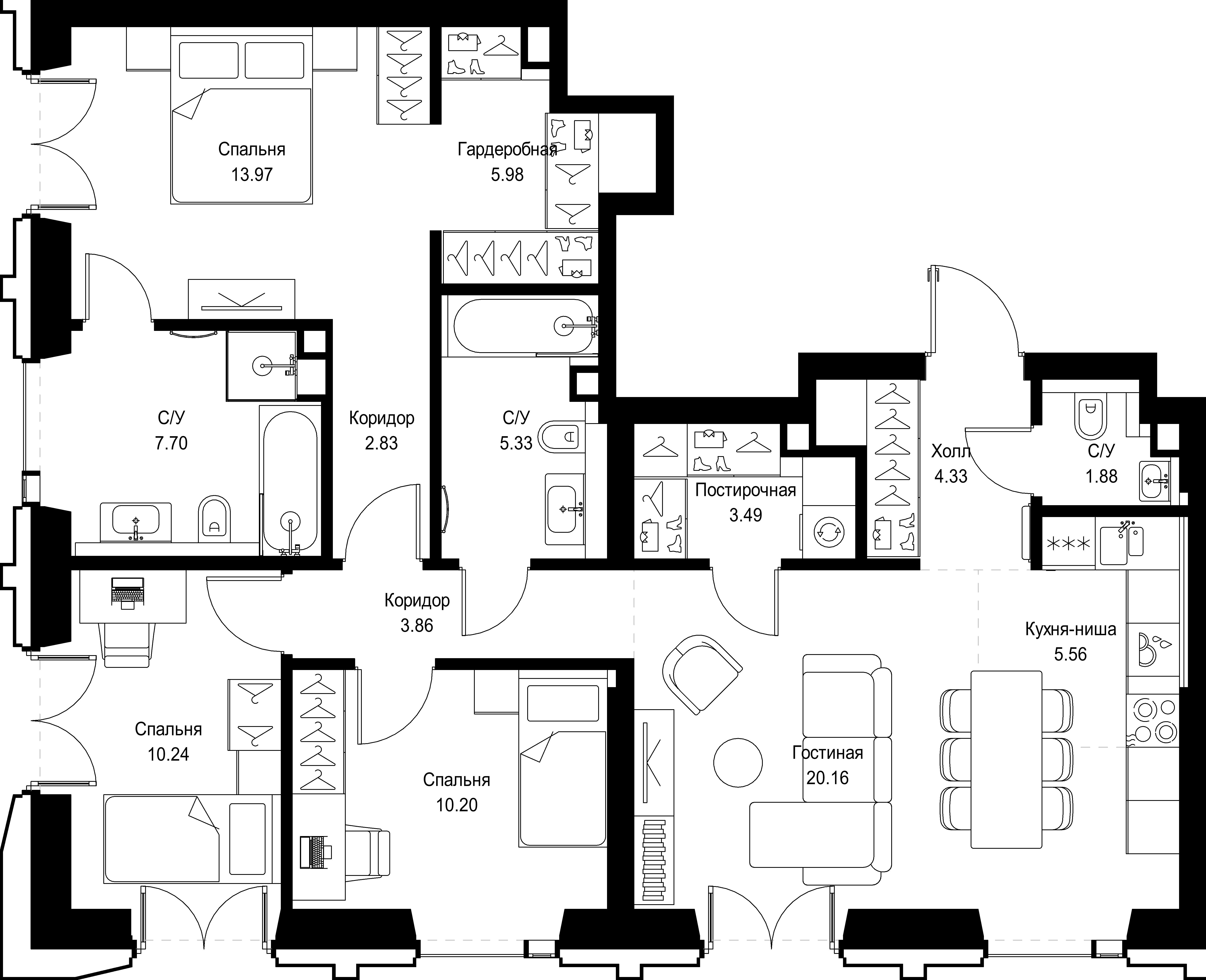 3 комн. квартира, 95.5 м², 6 этаж 