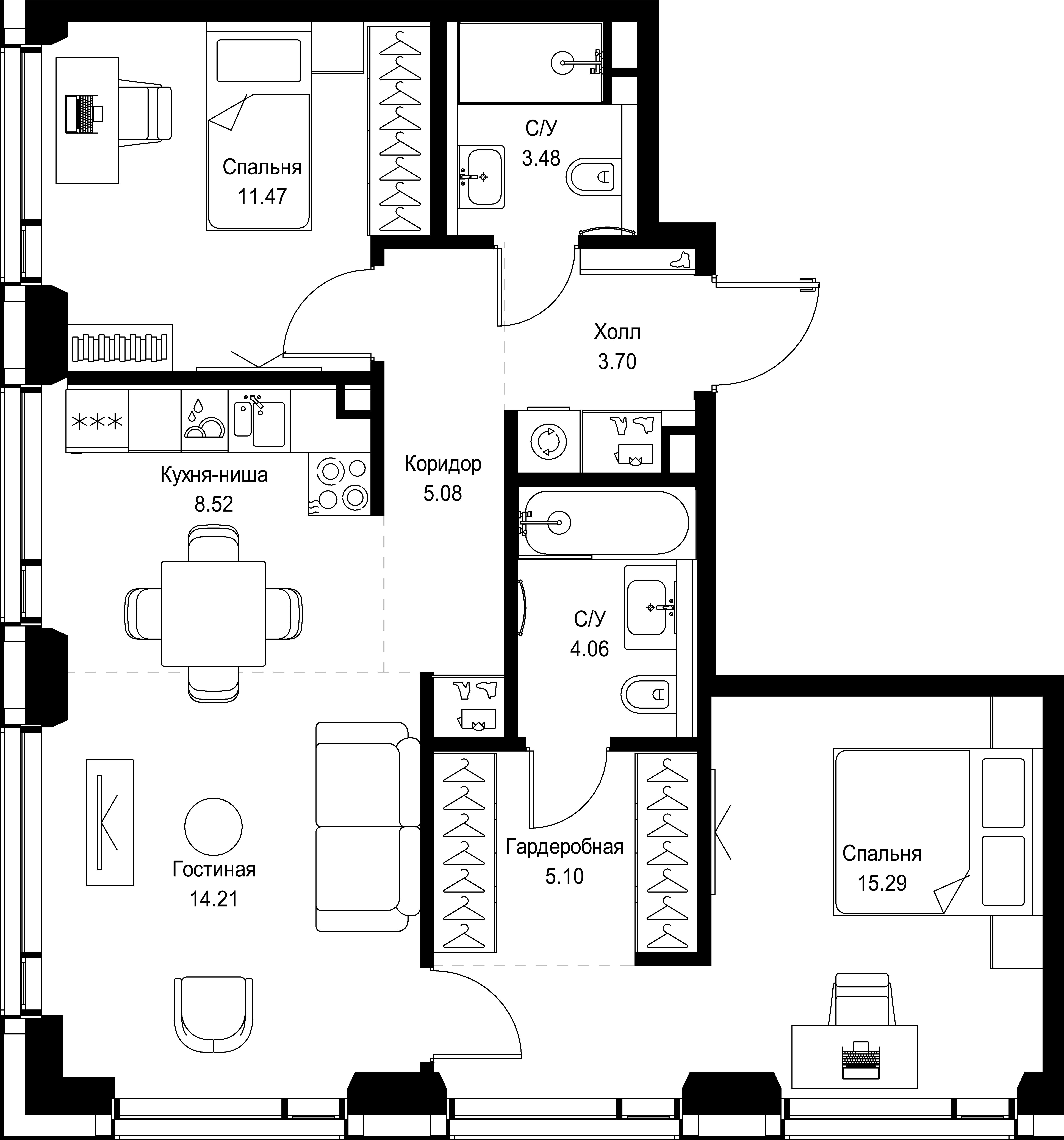 2 комн. квартира, 70.9 м², 45 этаж 