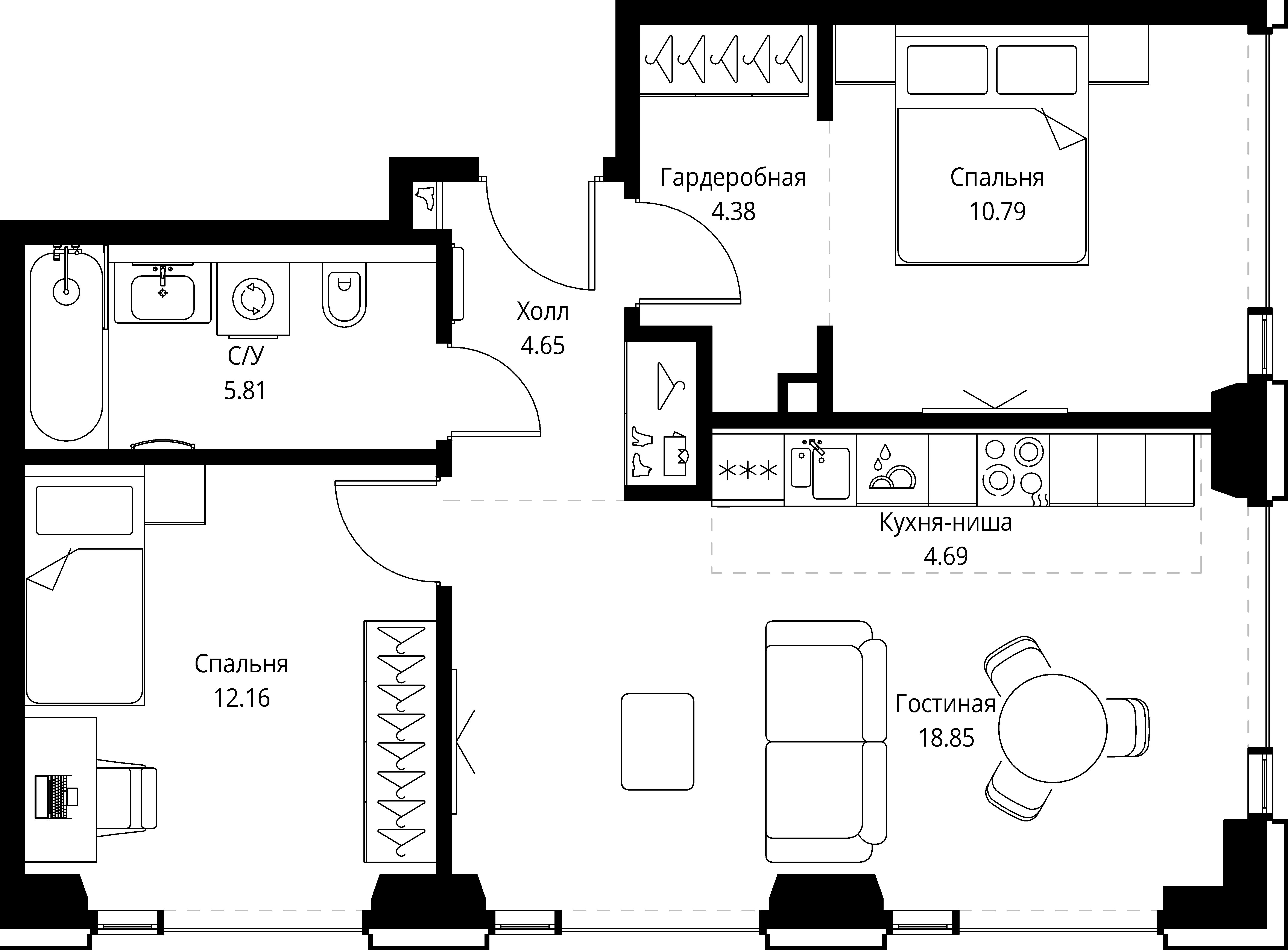 2 комн. квартира, 61.3 м², 23 этаж 