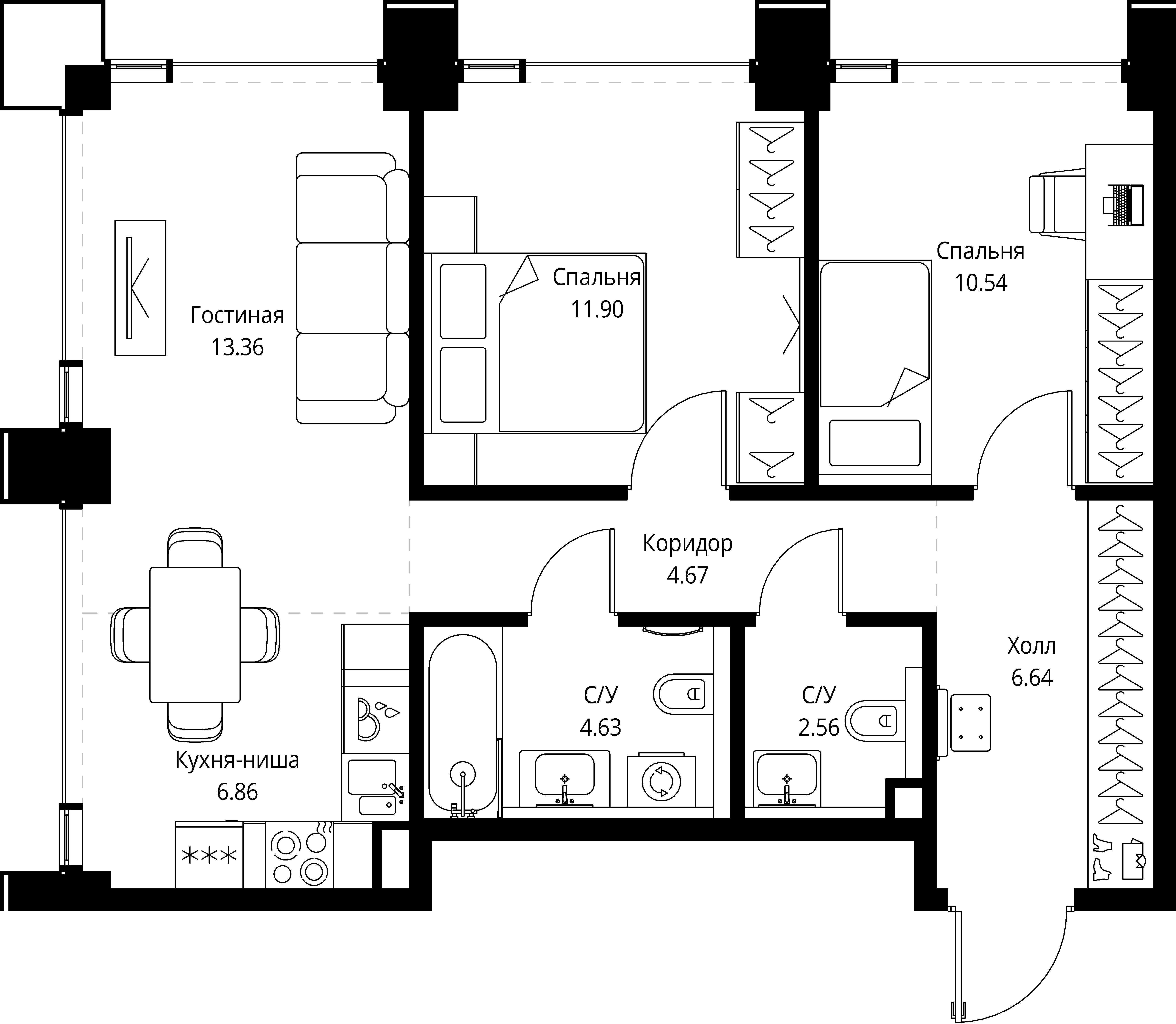 2 комн. квартира, 61.2 м², 26 этаж 