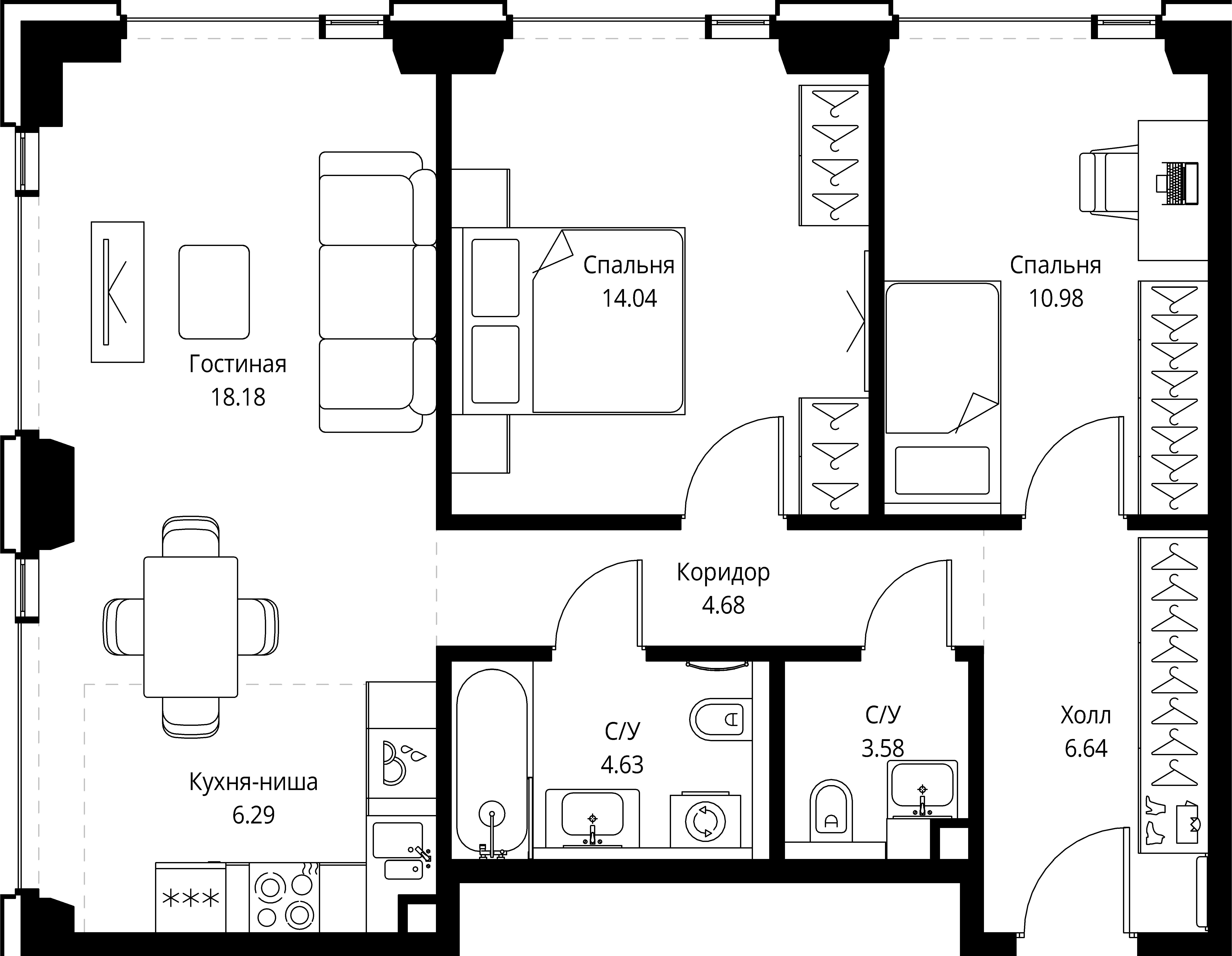 2 комн. квартира, 69 м², 23 этаж 