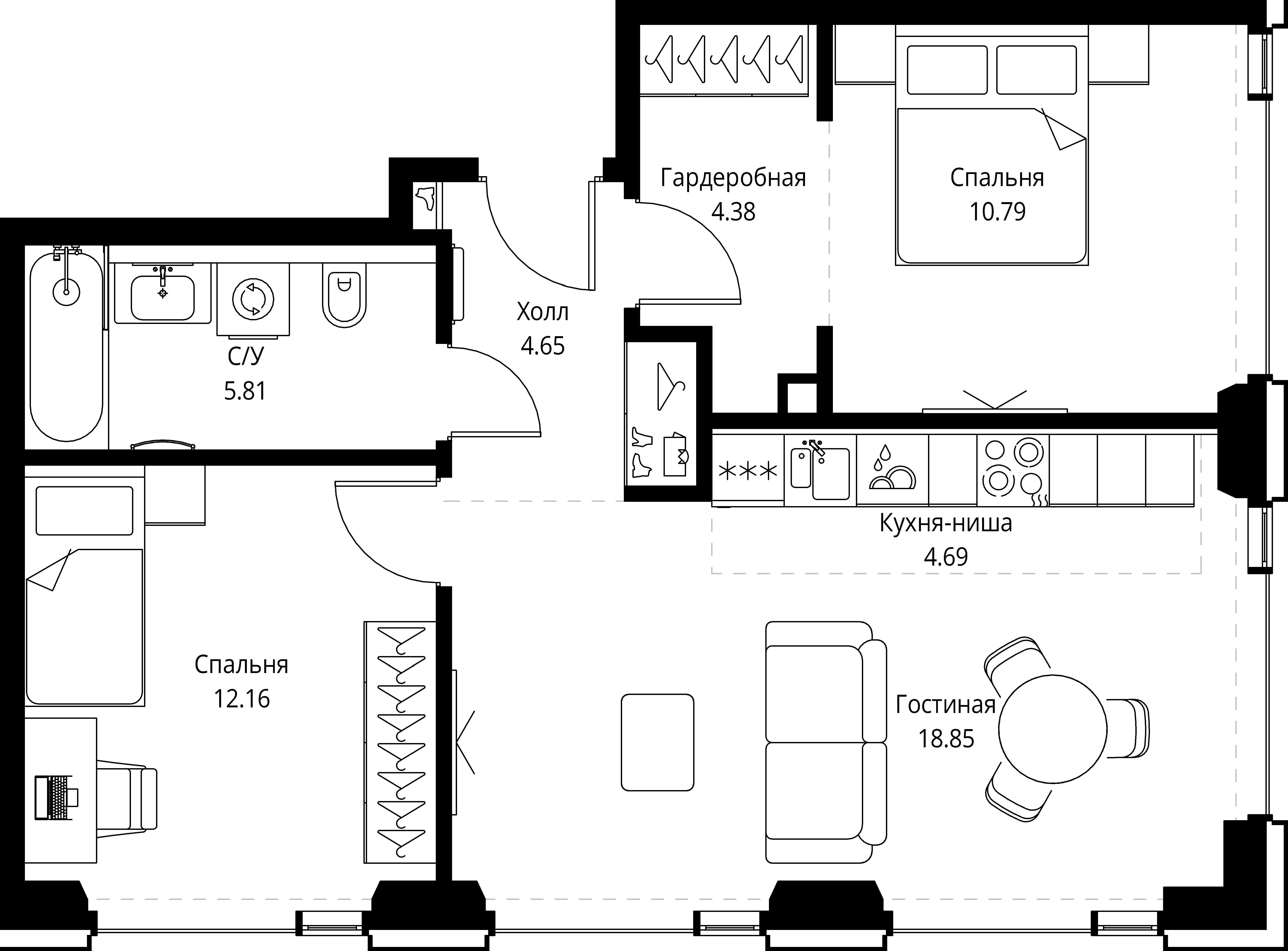 2 комн. квартира, 61.3 м², 20 этаж 