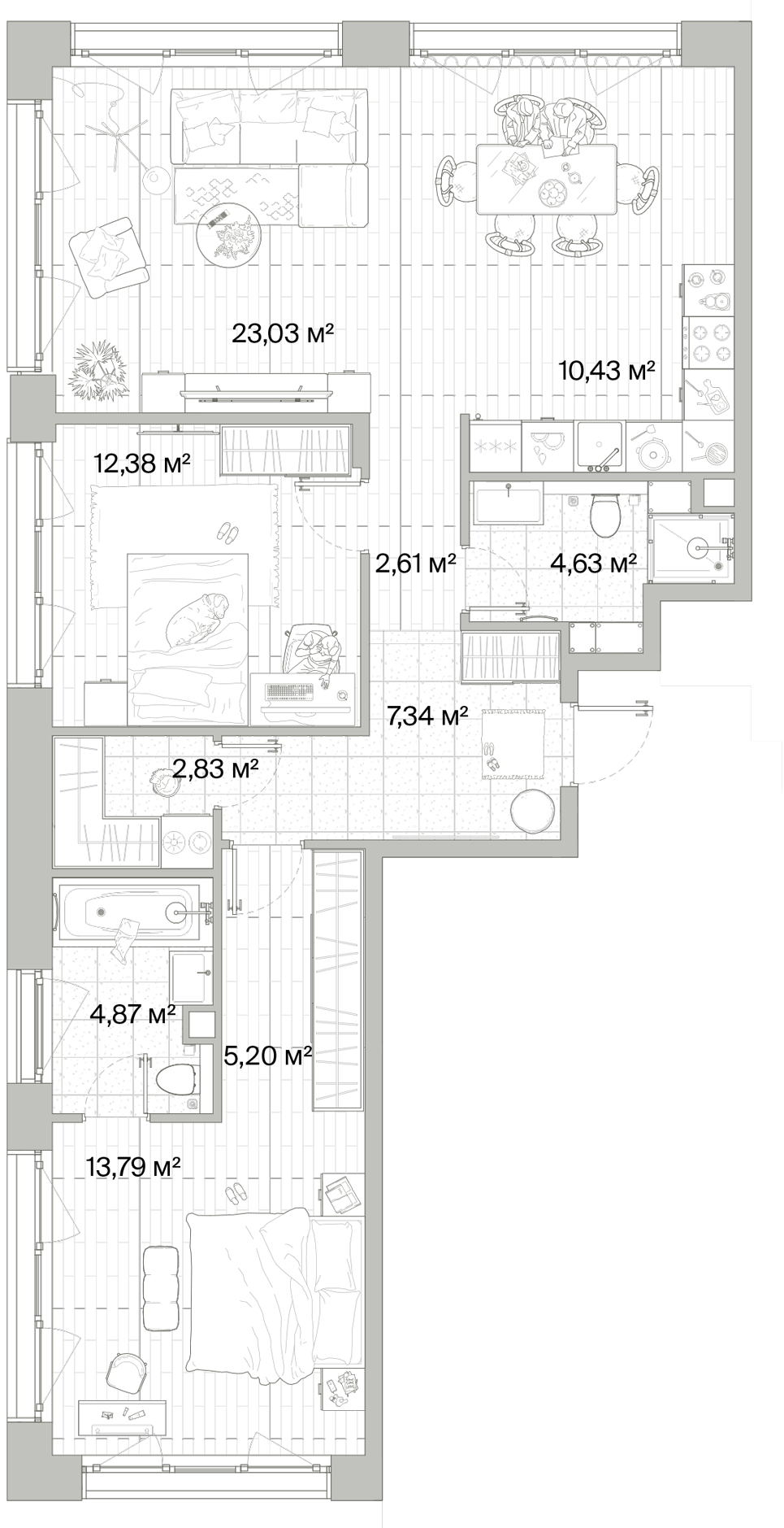2 комн. квартира, 87.1 м², 4 этаж 