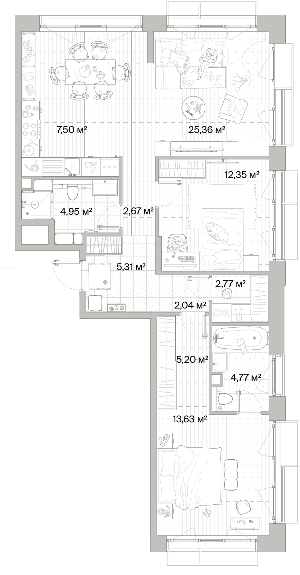 2 комн. квартира, 86.5 м², 4 этаж 
