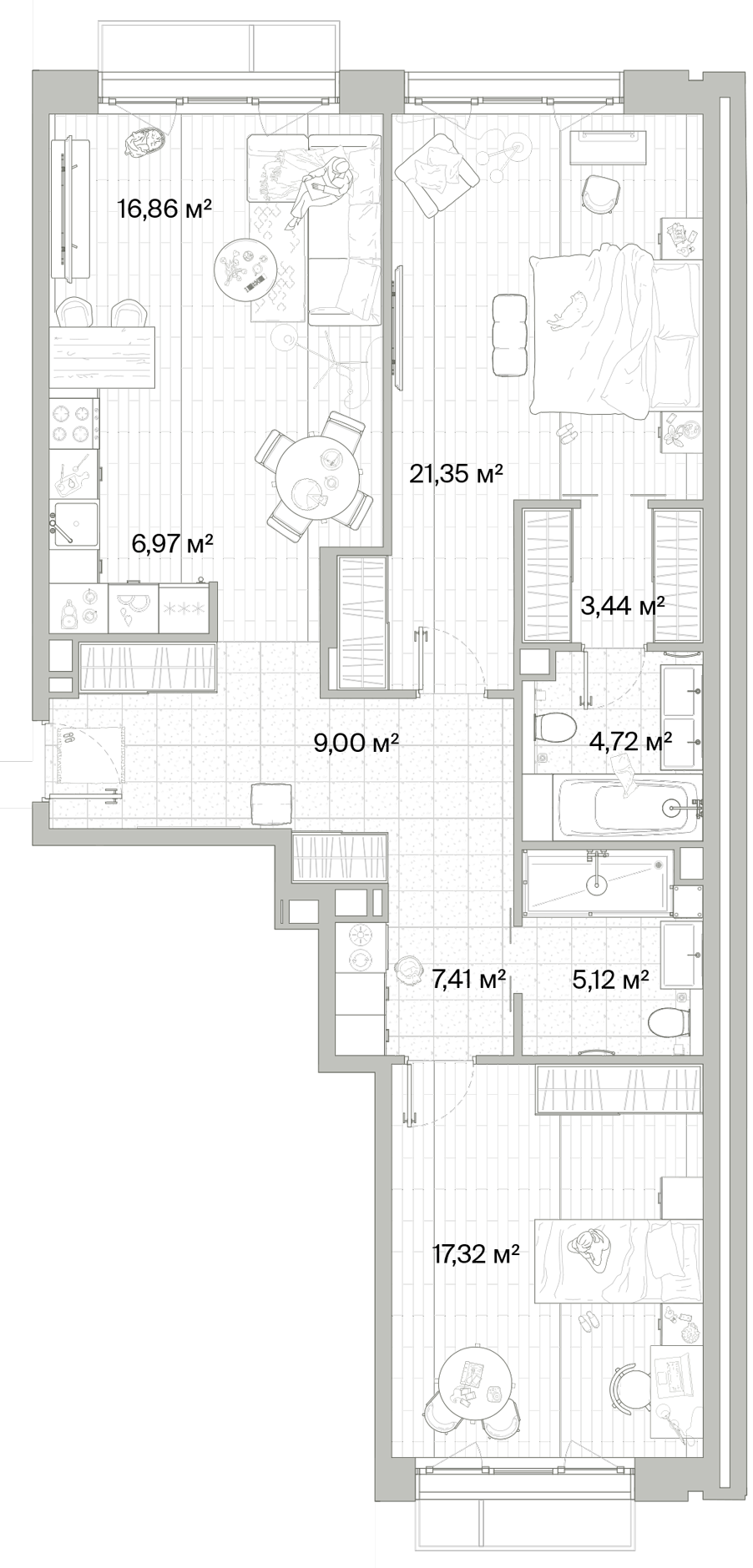 2 комн. квартира, 92.2 м², 6 этаж 