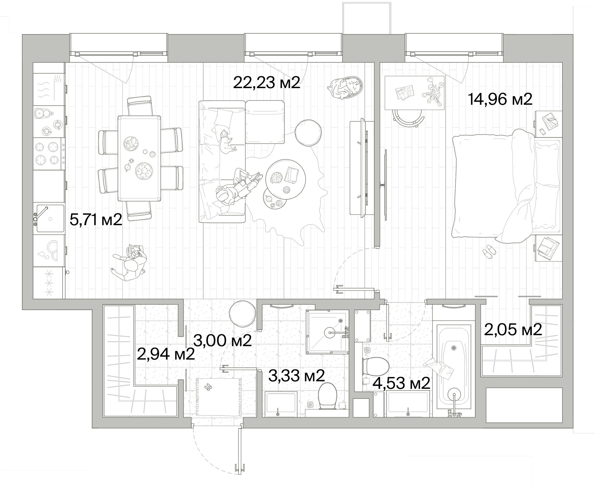 1 комн. квартира, 58.8 м², 8 этаж 