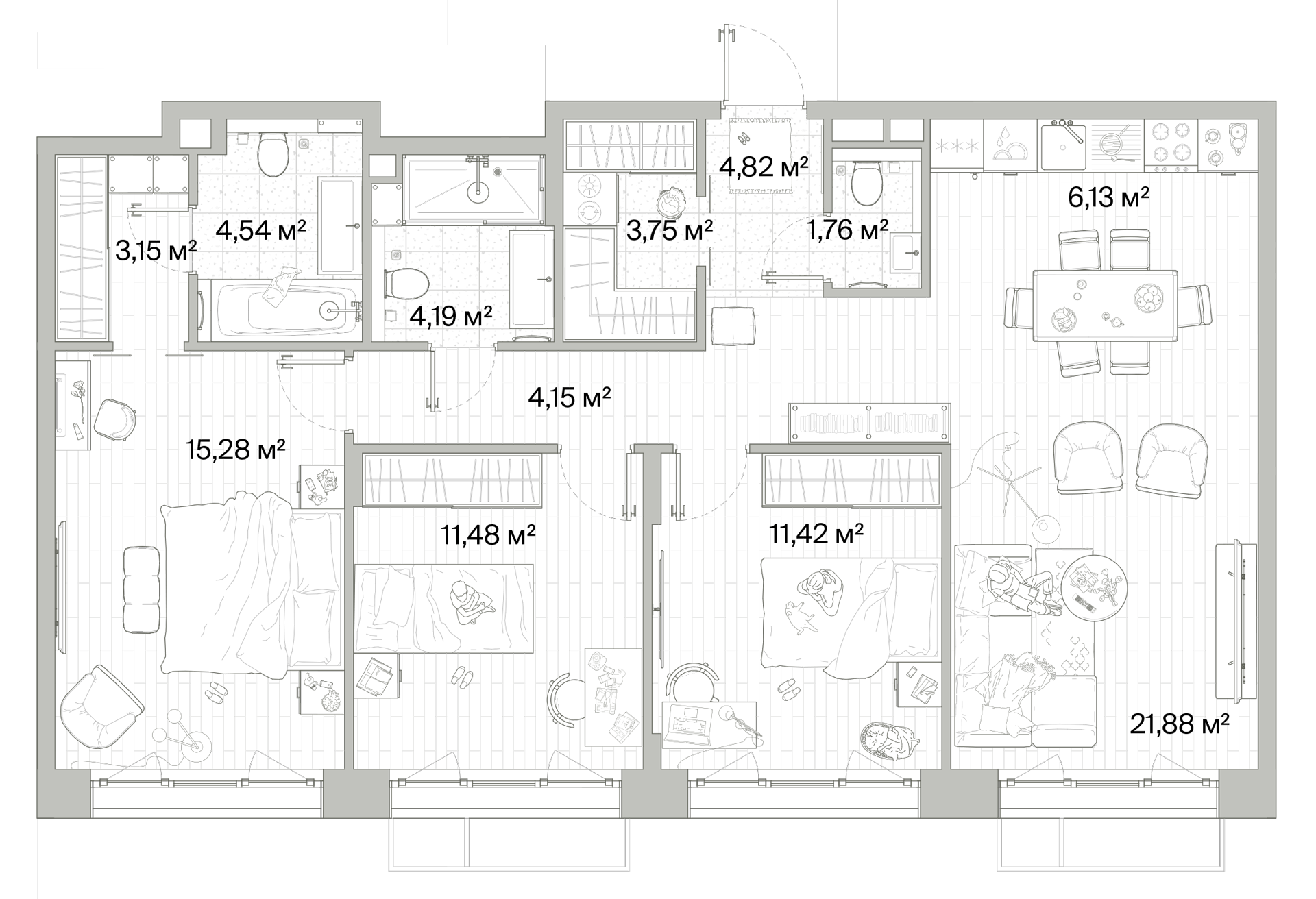 3 комн. квартира, 92.5 м², 3 этаж 