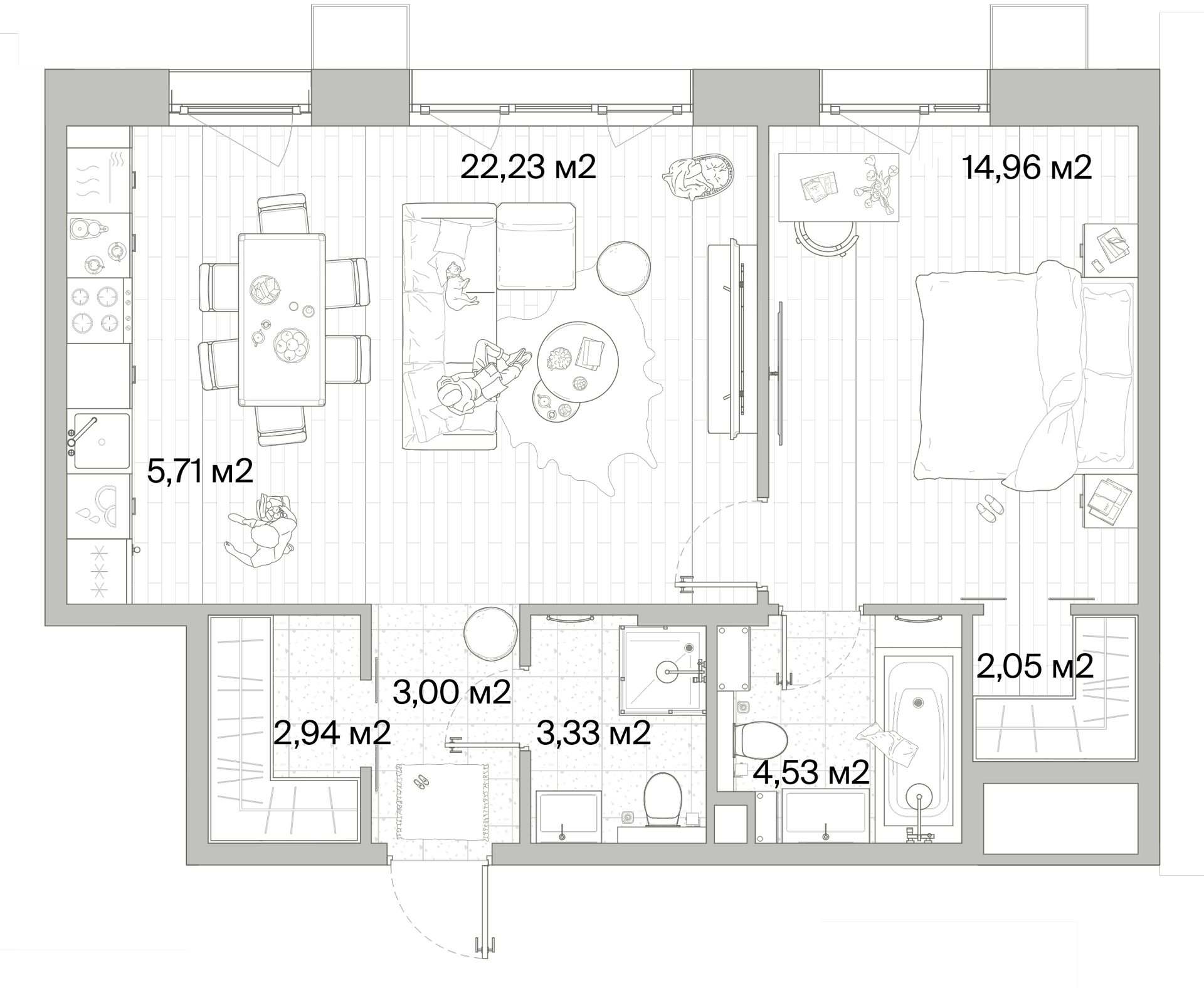1 комн. квартира, 58.8 м², 6 этаж 